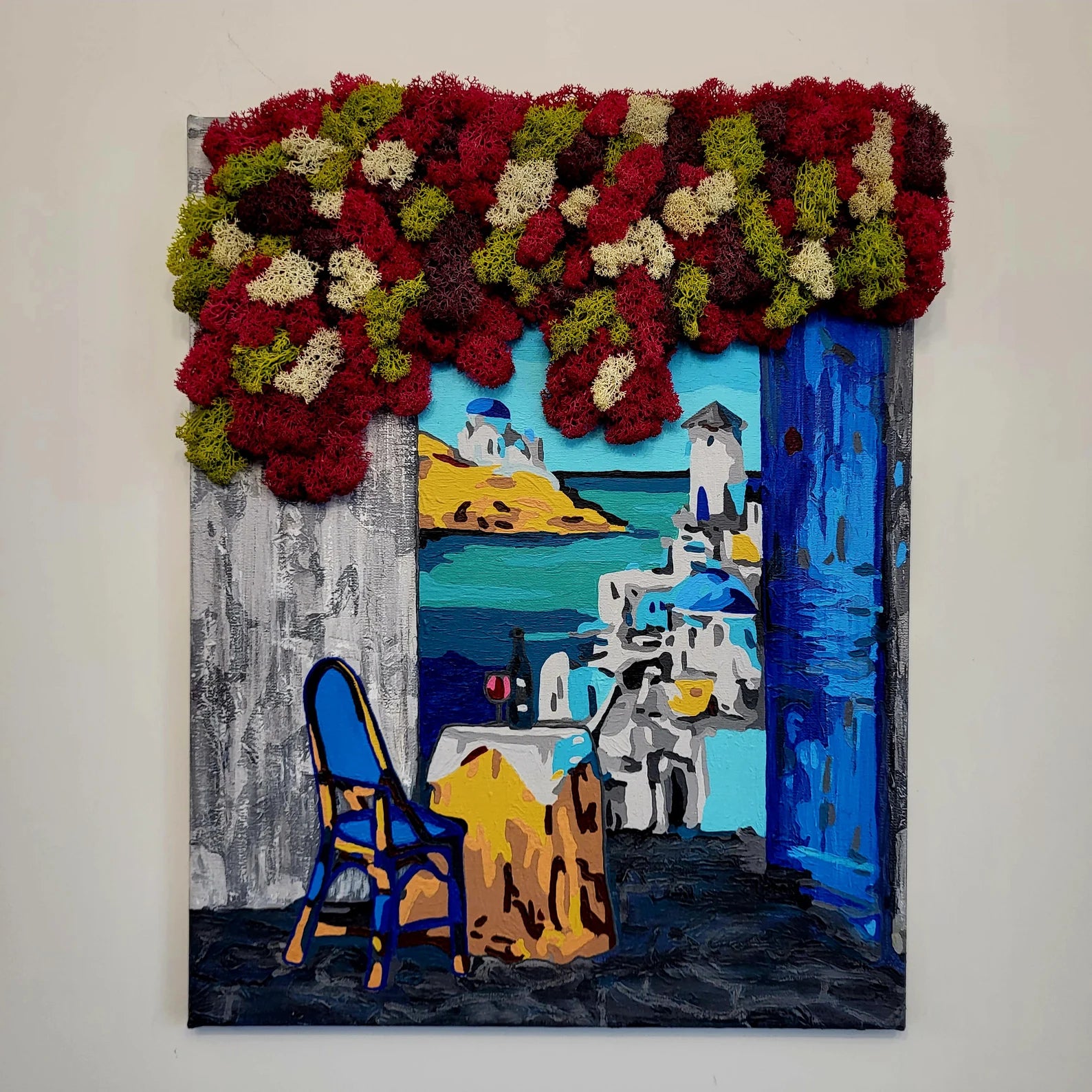 Santorini Dreamscape Moss Art | Eco-Friendly Greek Village Wall Decor