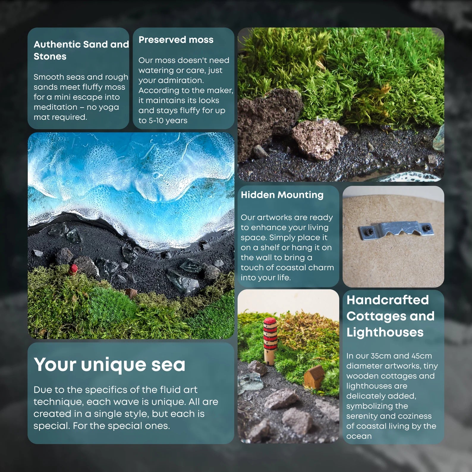 Preserved Moss Wall Art with Epoxy Resin Ocean – Coastal Scandinavian Hanging Sea Decor