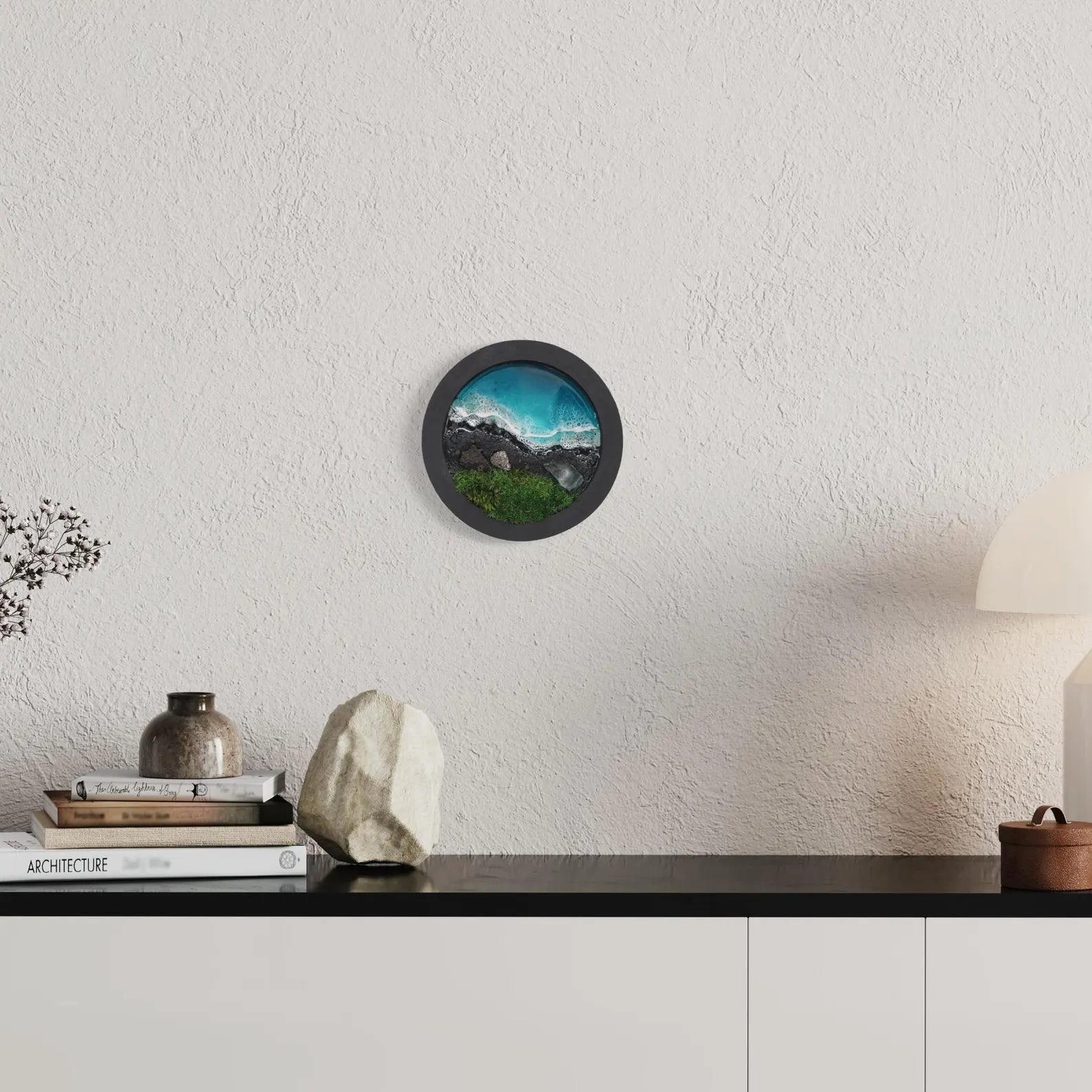 Preserved Moss Wall Art with Epoxy Resin Ocean – Coastal Scandinavian Hanging Sea Decor