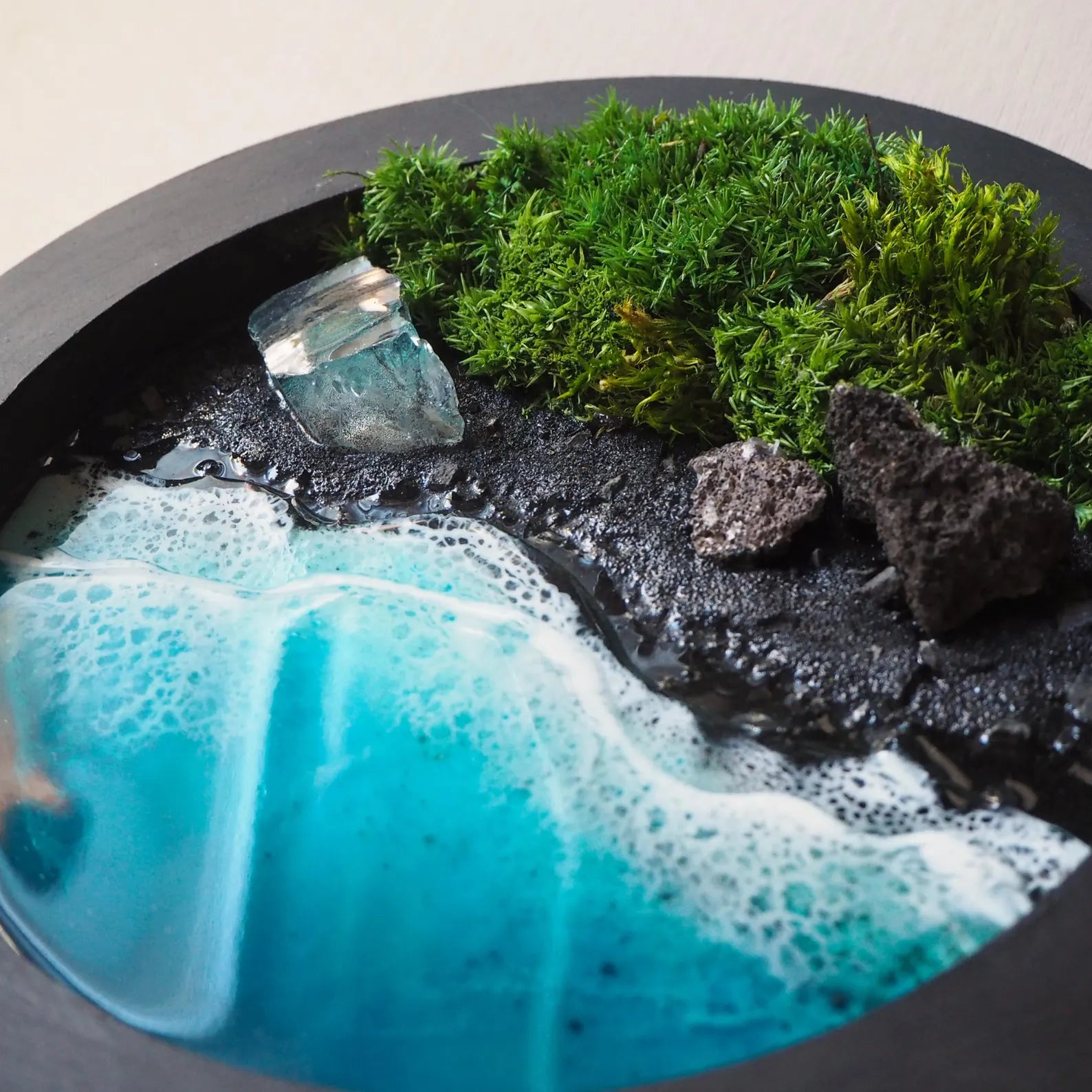 Preserved Moss Wall Art with Epoxy Resin Ocean – Coastal Scandinavian Hanging Sea Decor