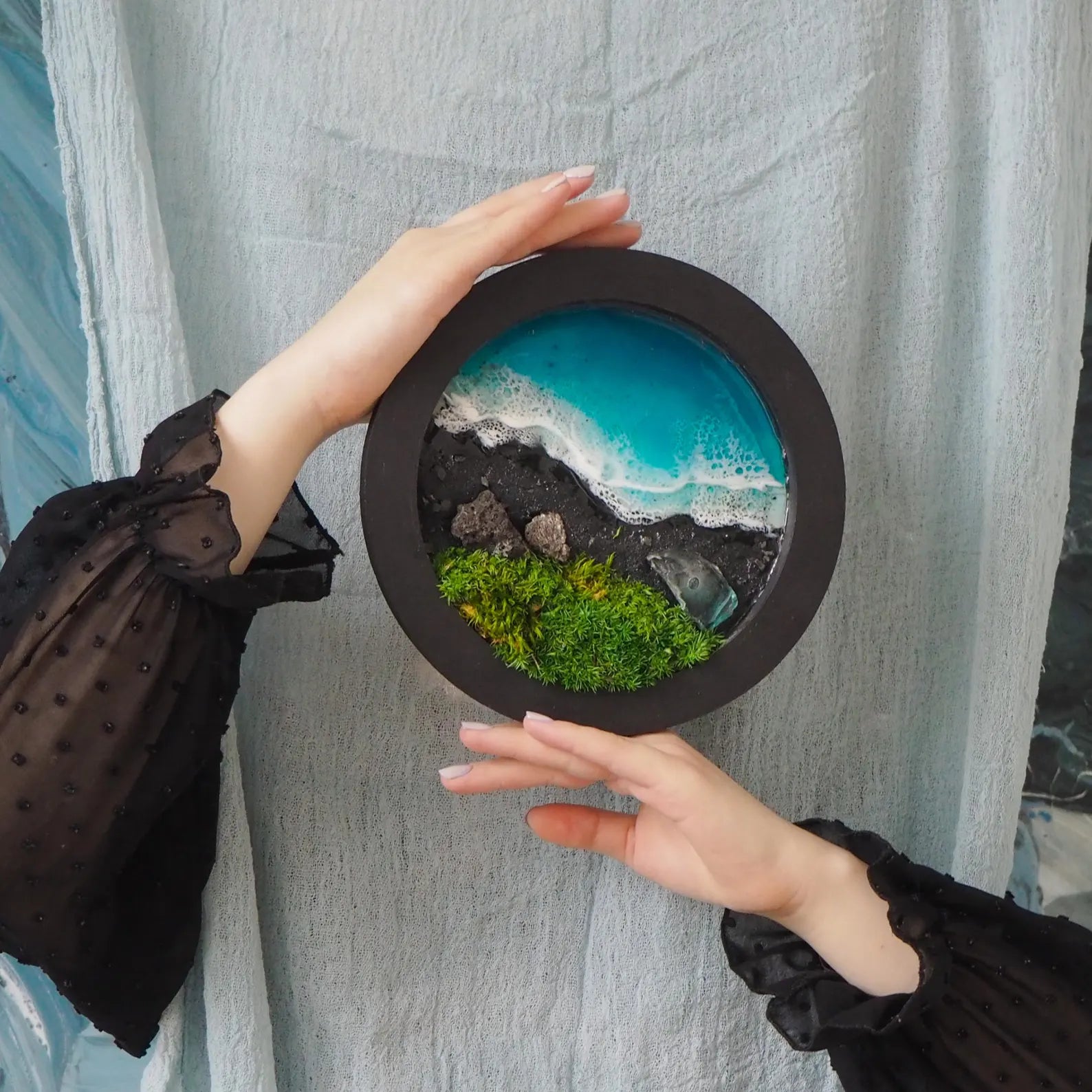 Preserved Moss Wall Art with Epoxy Resin Ocean – Coastal Scandinavian Hanging Sea Decor