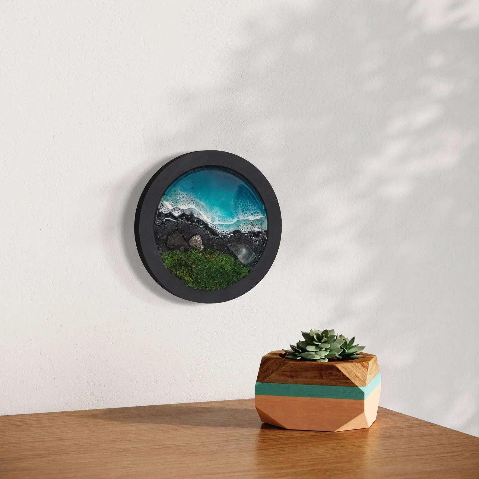 Preserved Moss Wall Art with Epoxy Resin Ocean – Coastal Scandinavian Hanging Sea Decor