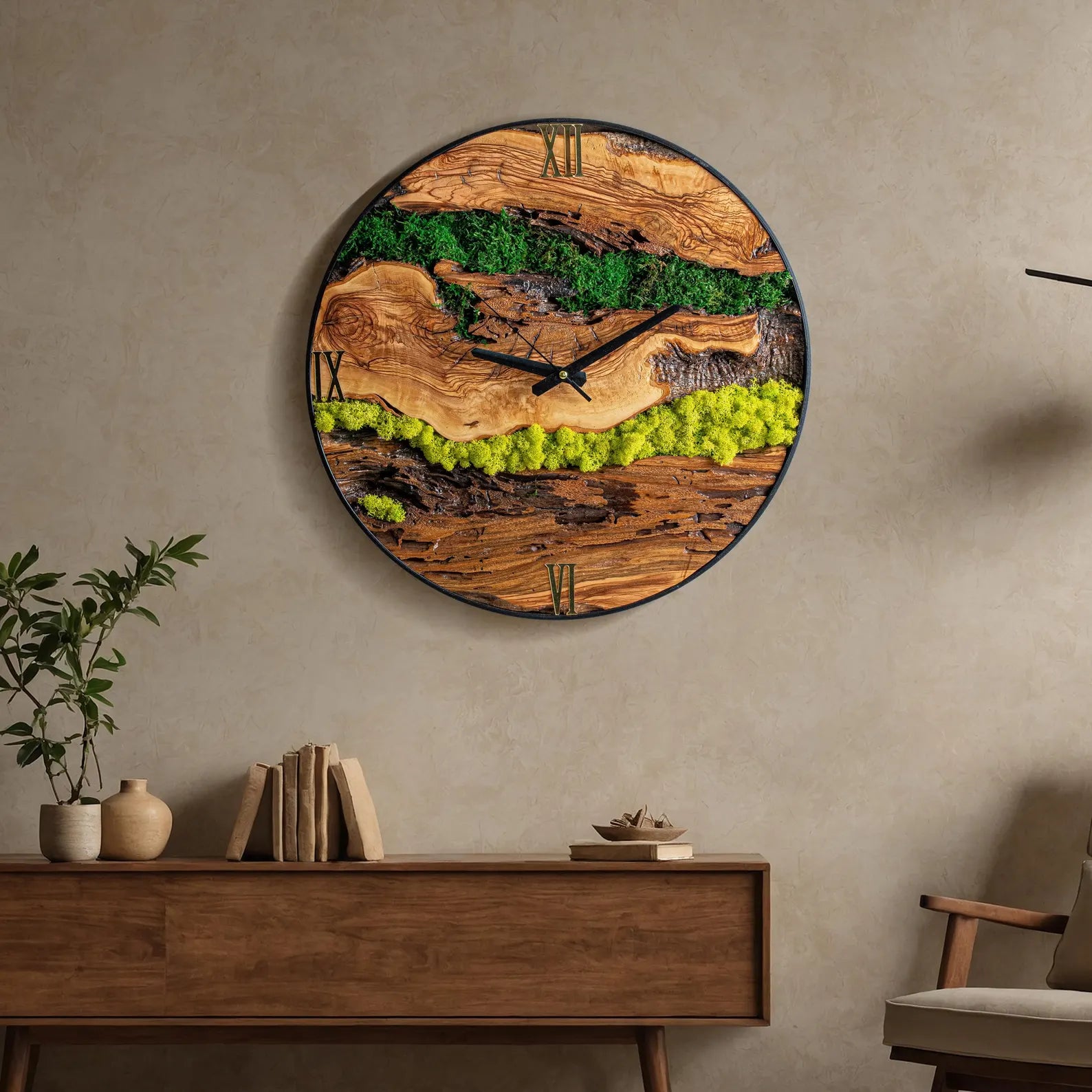 Olive Wood & Metal Moss Wall Clock – Unique Preserved Green Decor