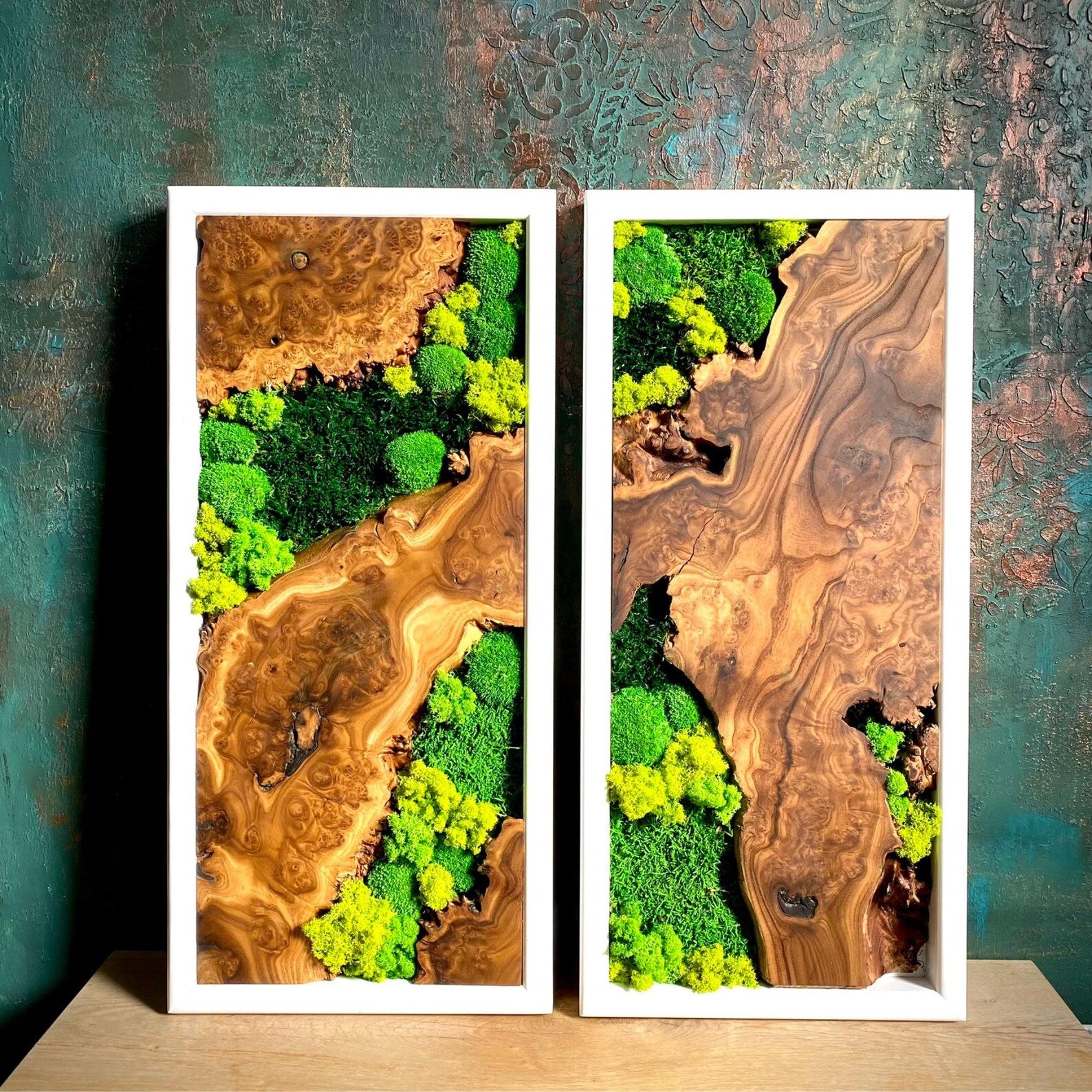 Handcrafted Olive Wood & Preserved Moss Wall Art – Live Edge Rustic Decor