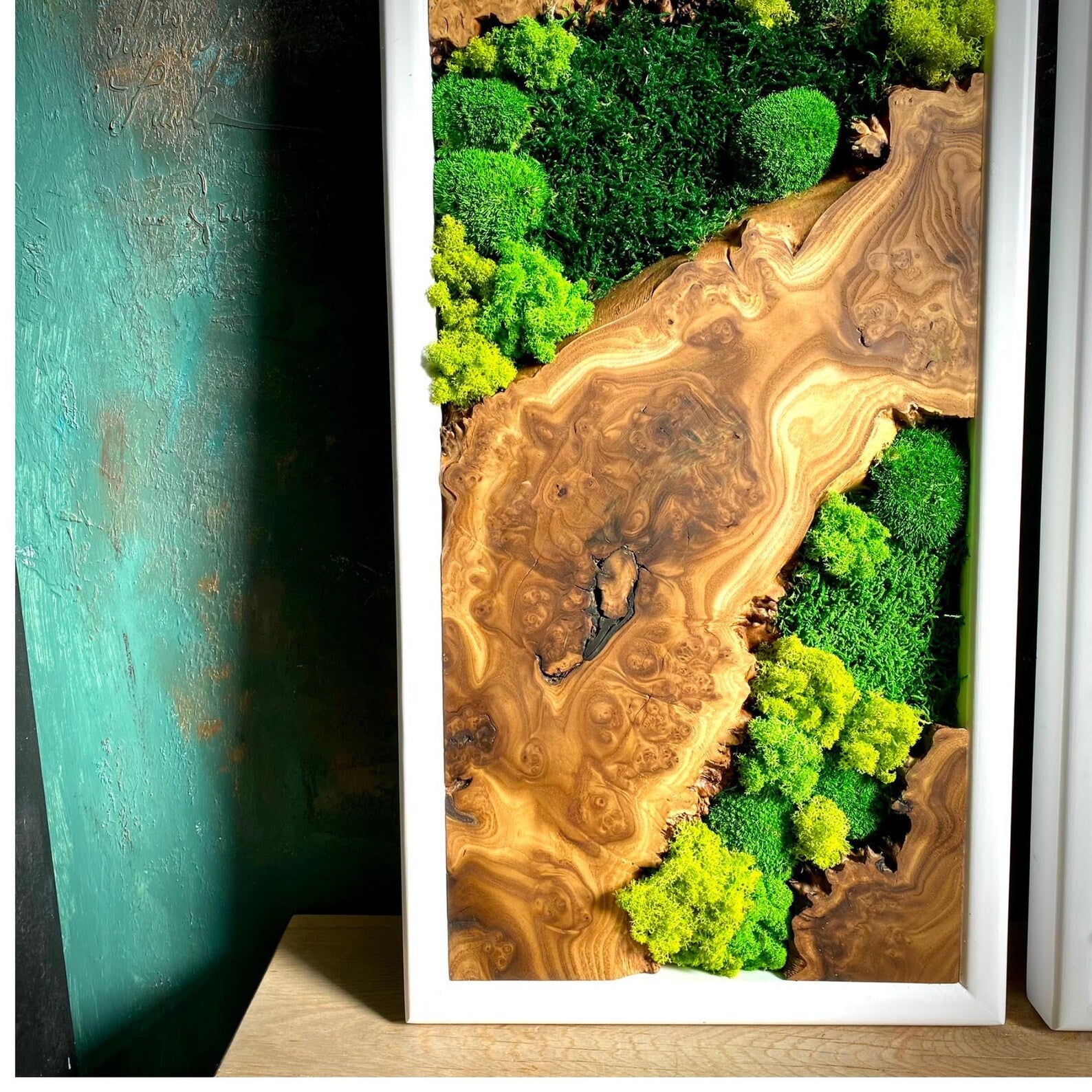 Handcrafted Olive Wood & Preserved Moss Wall Art – Live Edge Rustic Decor