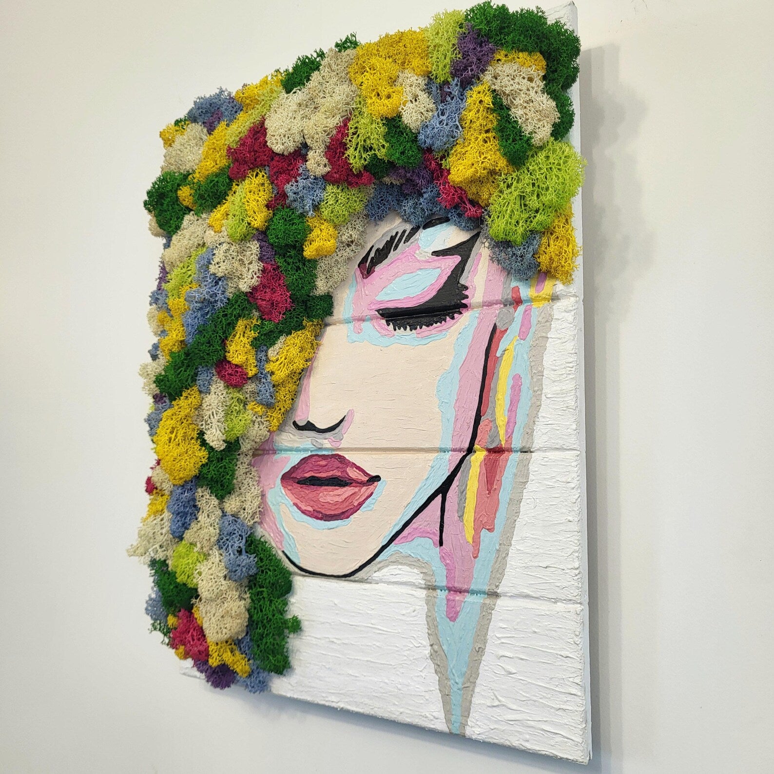 Flora Moss Art Wall Decor | Eco-Friendly Botanical Woman Portrait | Handmade Acrylic Moss Painting