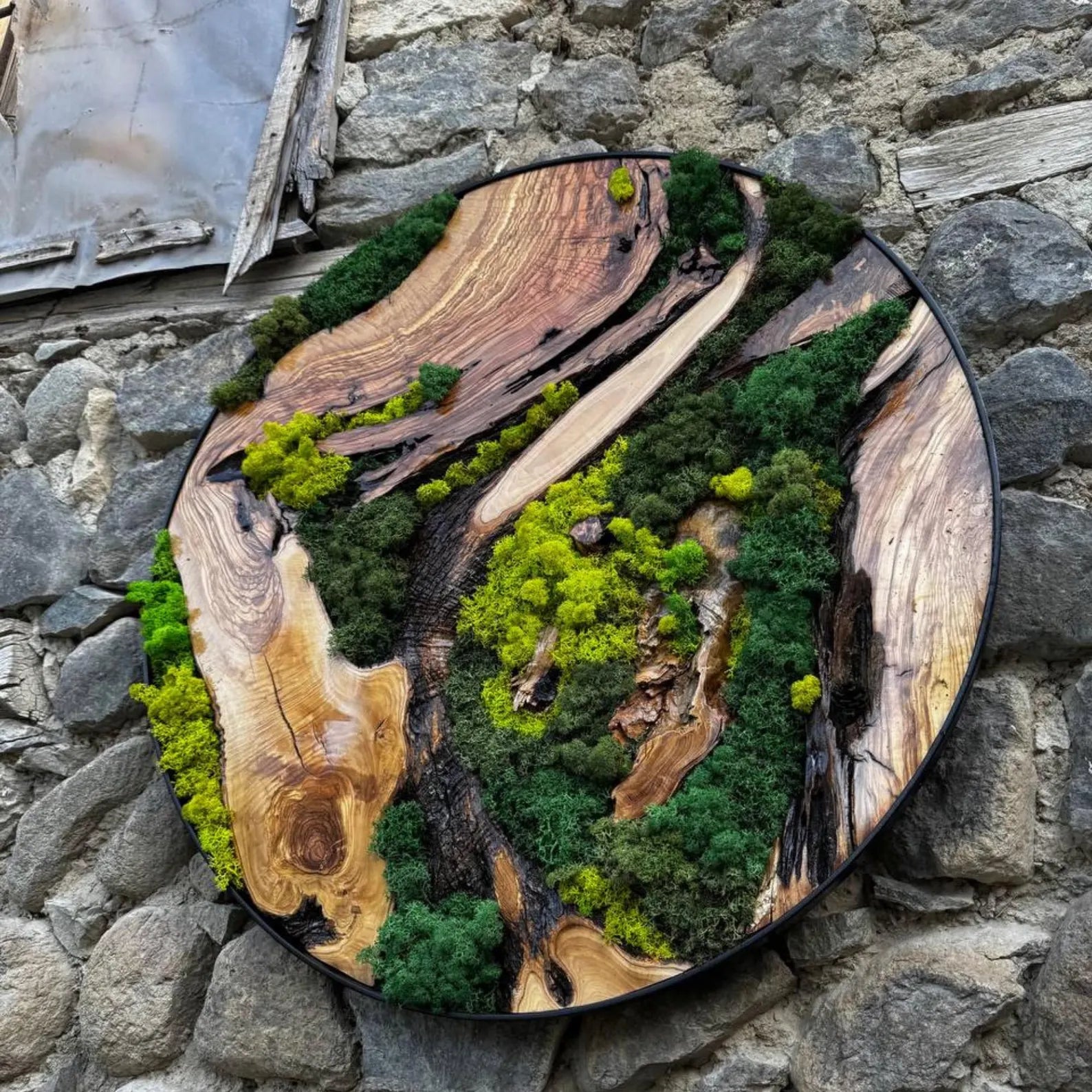 Metal Frame Moss Wall Art – Custom Preserved Moss & Olive Wood Decor