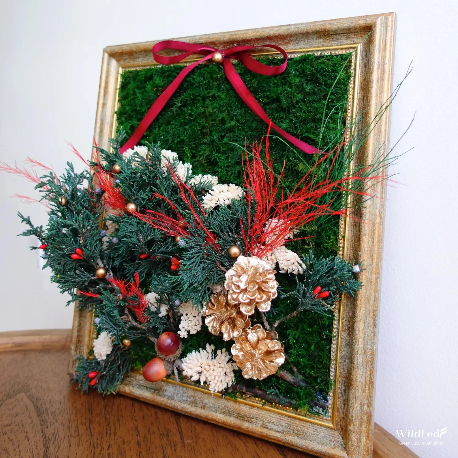 Framed Christmas Moss Wall Art – Golden Pinecones & Red Ribbon Holiday Decor