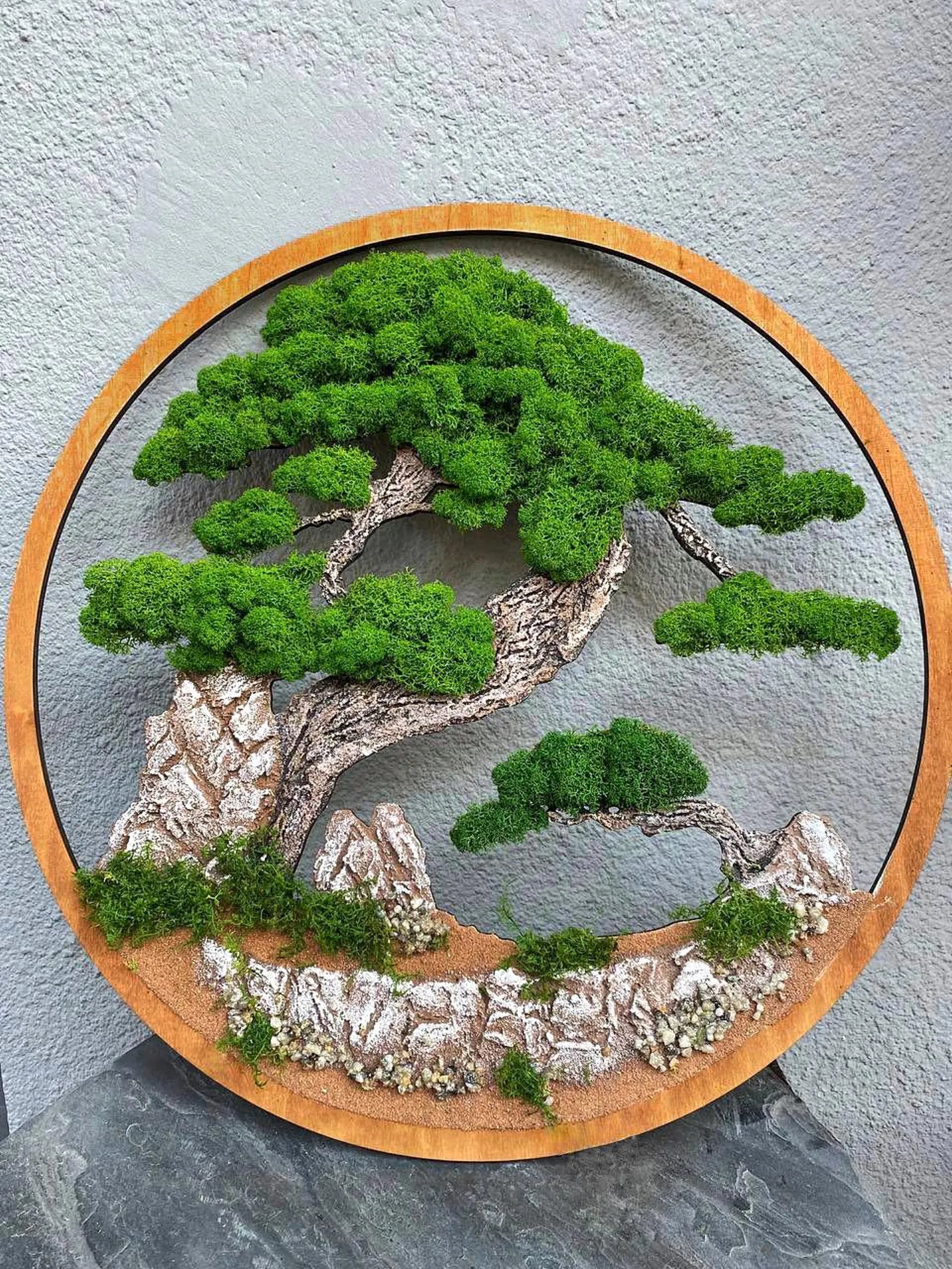 Preserved Moss Bonsai Tree Wall Art in Natural Wood Frame – Japanese-Inspired Green Wall Decor for Home or Office – Gift for Boss