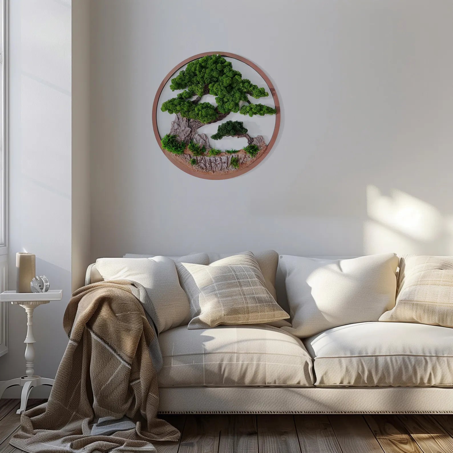 Preserved Moss Bonsai Tree Wall Art in Natural Wood Frame – Japanese-Inspired Green Wall Decor for Home or Office – Gift for Boss