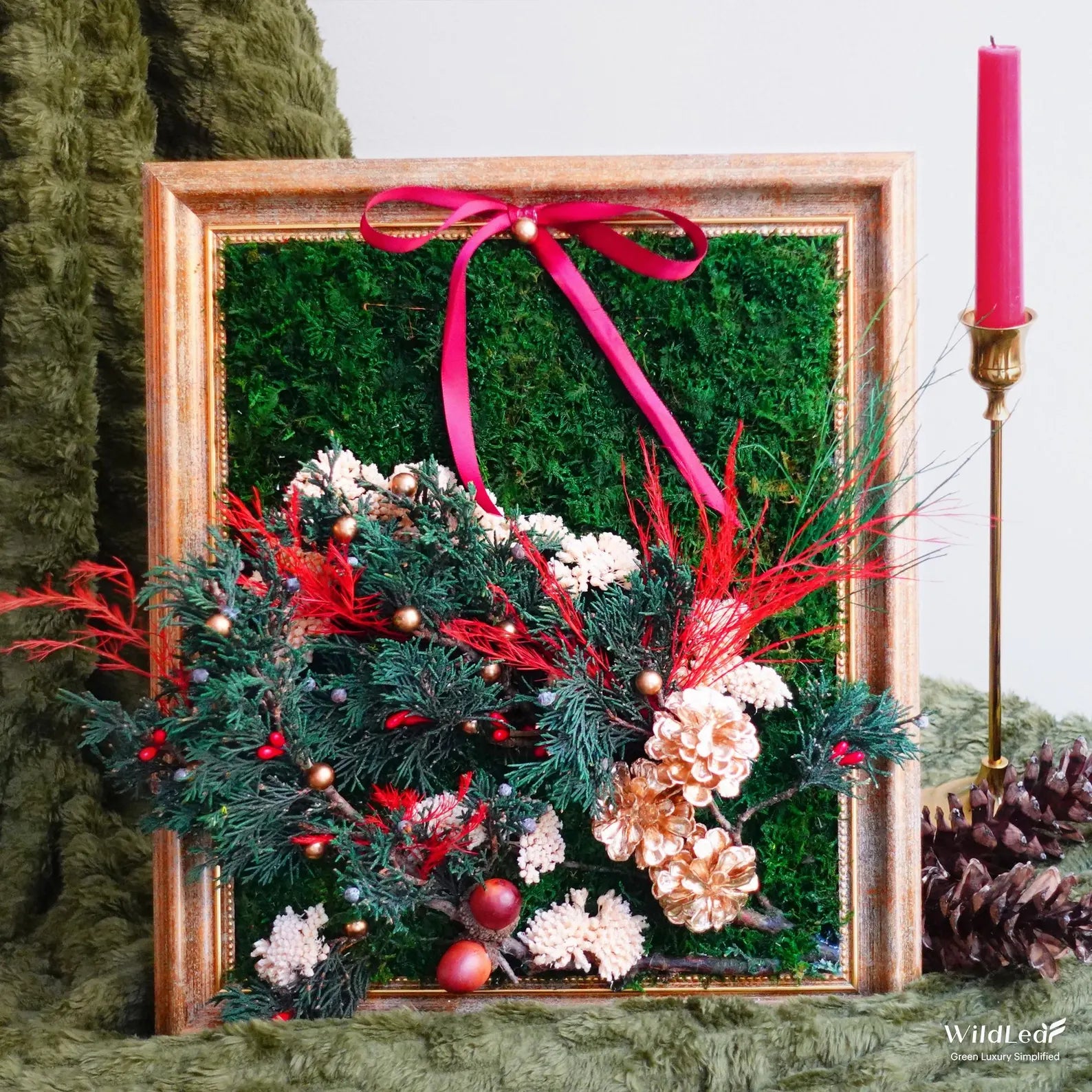 Framed Christmas Moss Wall Art – Golden Pinecones & Red Ribbon Holiday Decor