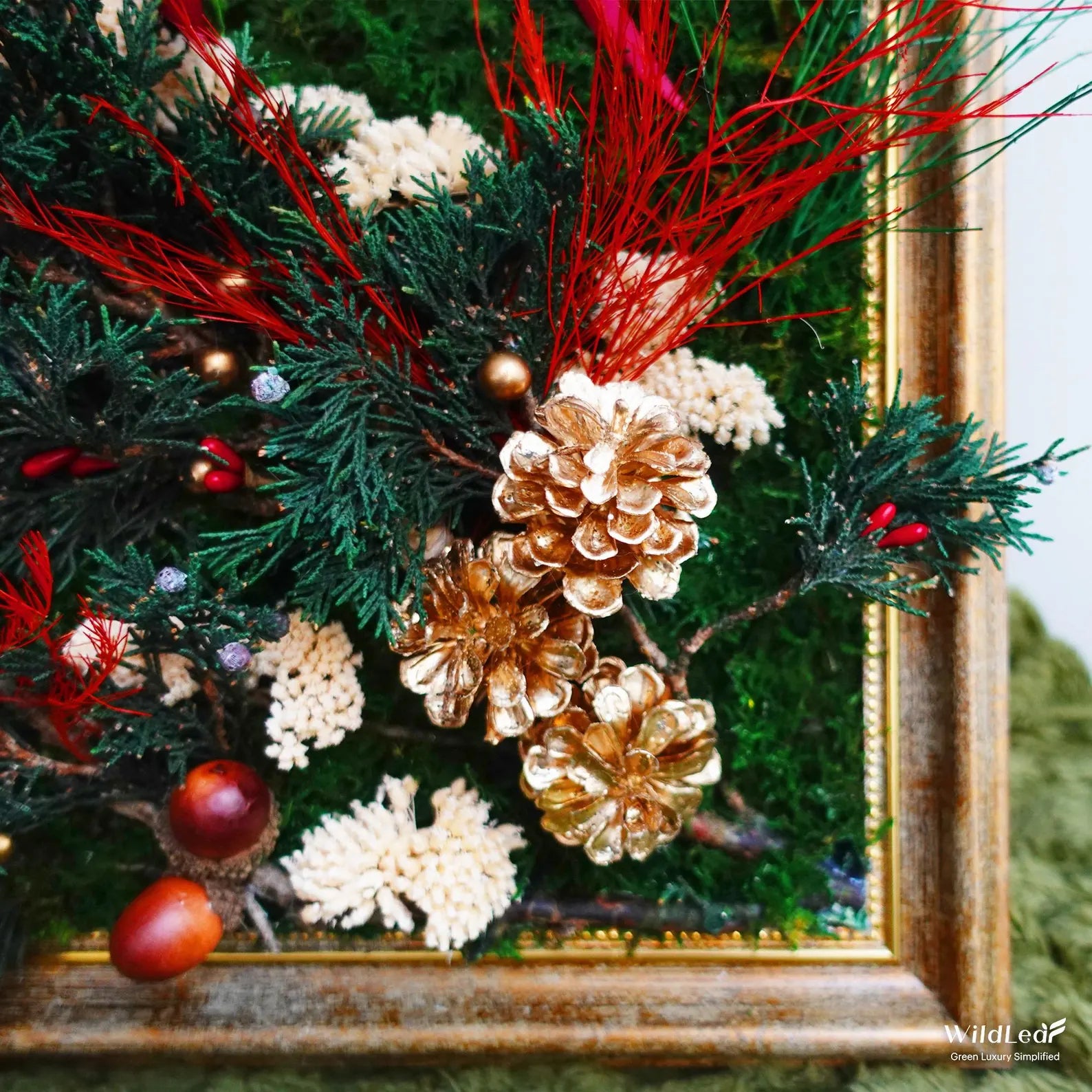 Framed Christmas Moss Wall Art – Golden Pinecones & Red Ribbon Holiday Decor