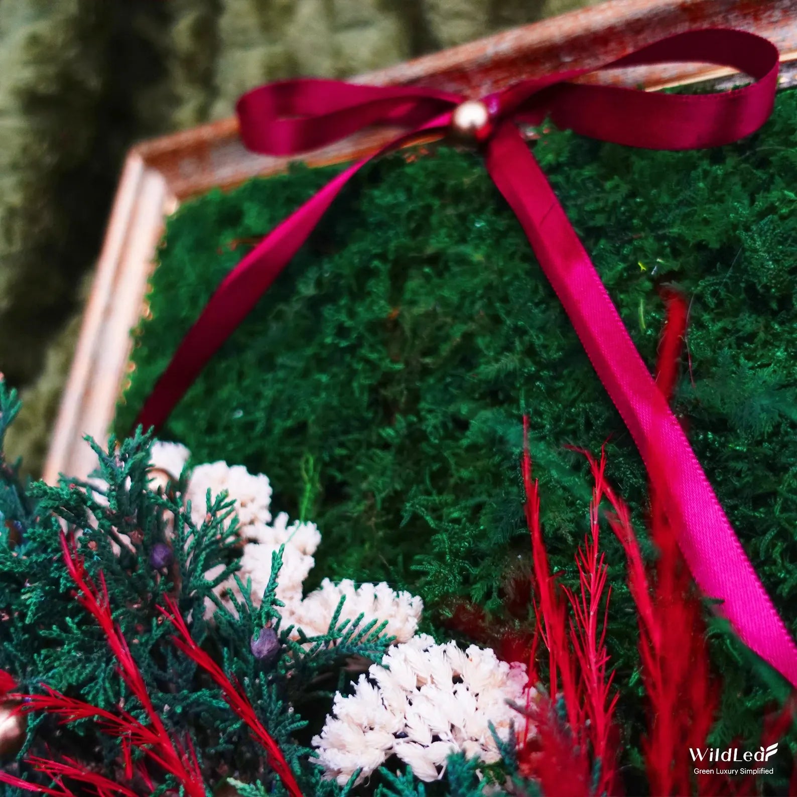 Framed Christmas Moss Wall Art – Golden Pinecones & Red Ribbon Holiday Decor