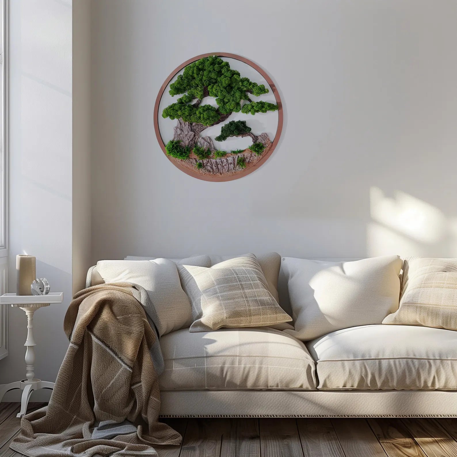 Preserved Moss Bonsai Tree Wall Art in Natural Wood Frame – Japanese-Inspired Green Wall Decor for Home or Office – Gift for Boss
