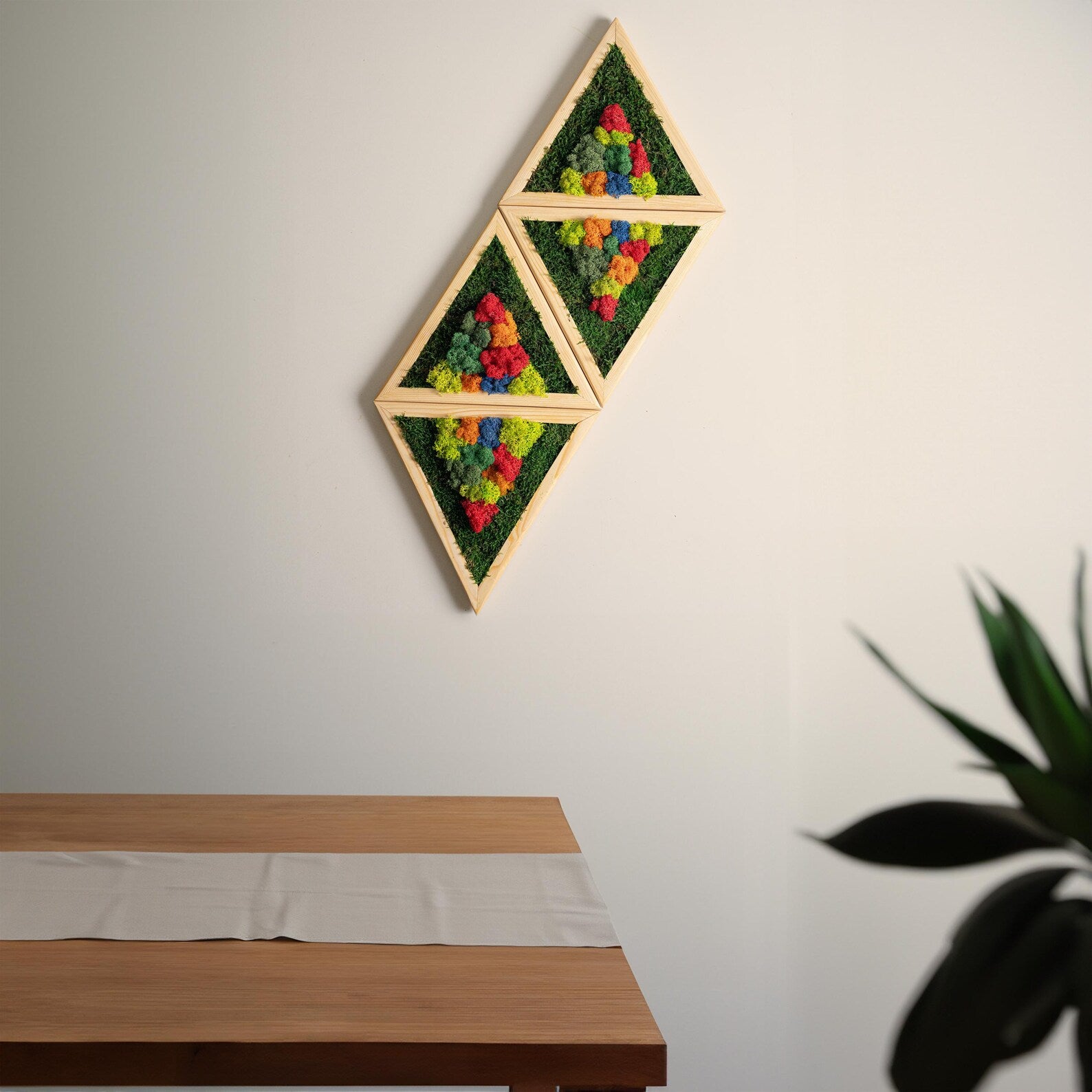 Triangle Moss Wall Decor – Preserved Colorful Wood & Moss Art | Living Room Wall Hanging & Anniversary Gift