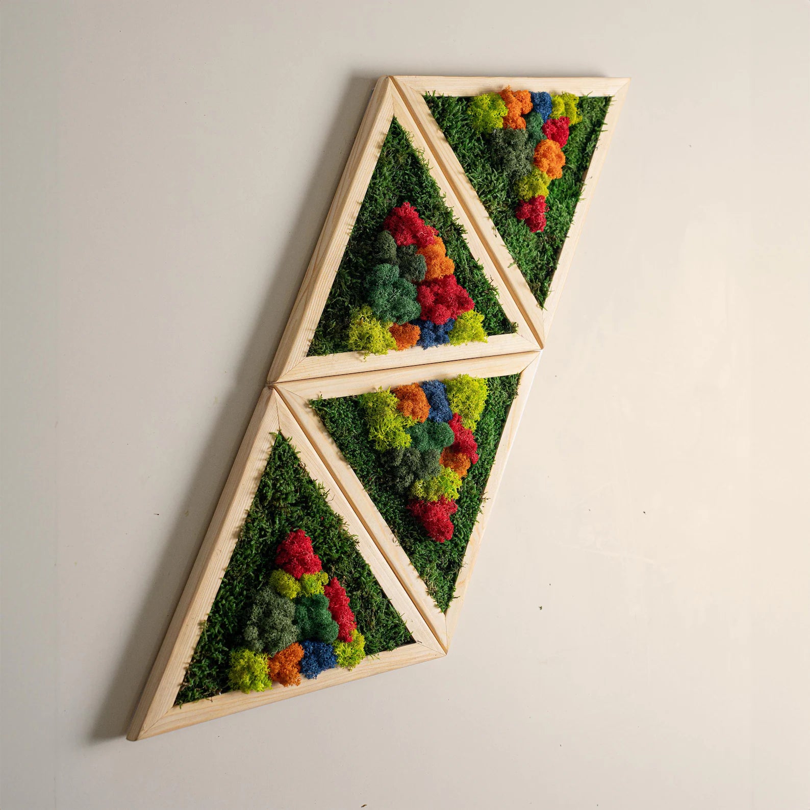 Triangle Moss Wall Decor – Preserved Colorful Wood & Moss Art | Living Room Wall Hanging & Anniversary Gift