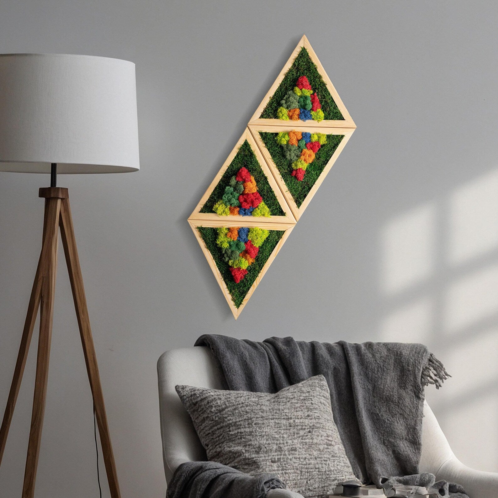 Triangle Moss Wall Decor – Preserved Colorful Wood & Moss Art | Living Room Wall Hanging & Anniversary Gift