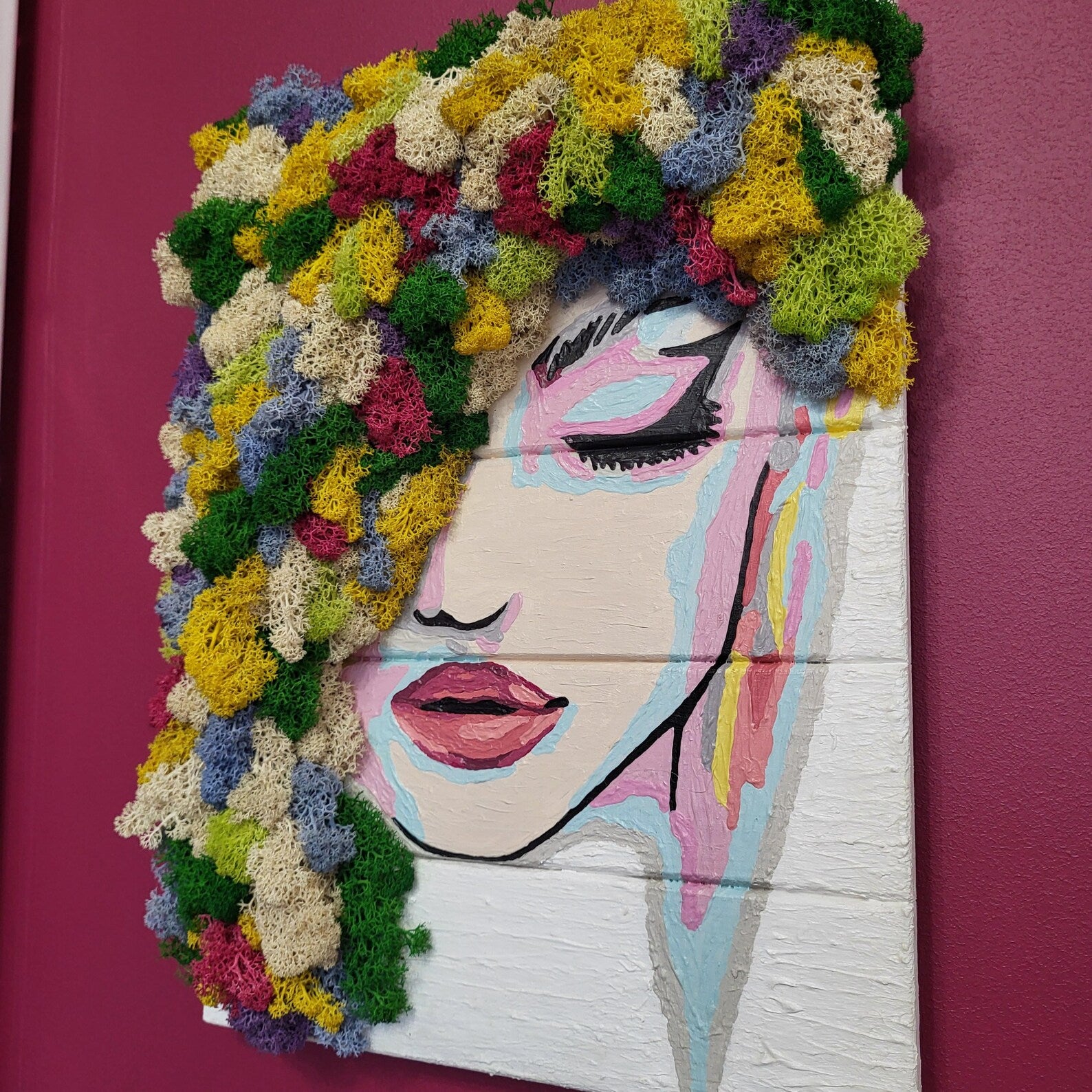 Flora Moss Art Wall Decor | Eco-Friendly Botanical Woman Portrait | Handmade Acrylic Moss Painting