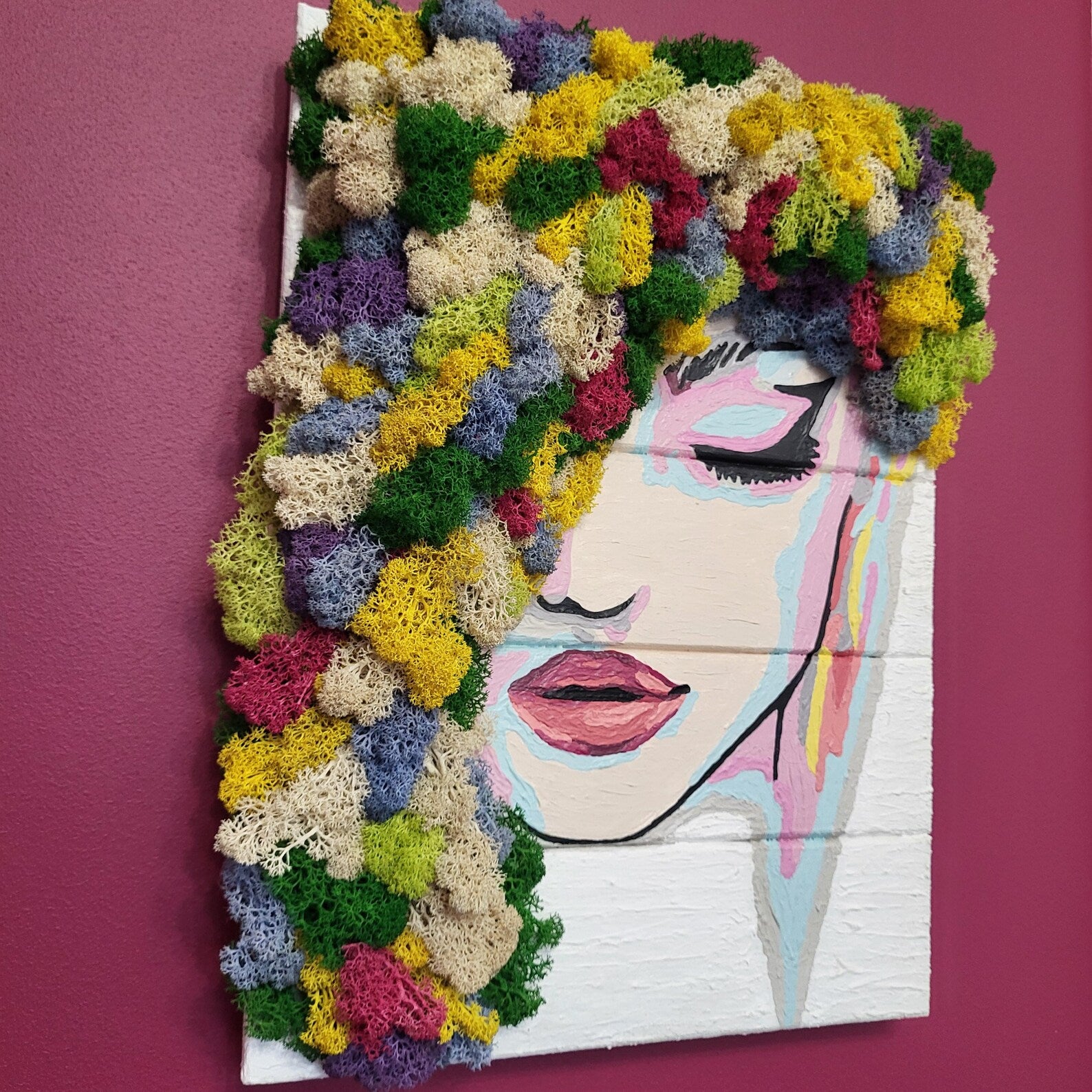 Flora Moss Art Wall Decor | Eco-Friendly Botanical Woman Portrait | Handmade Acrylic Moss Painting