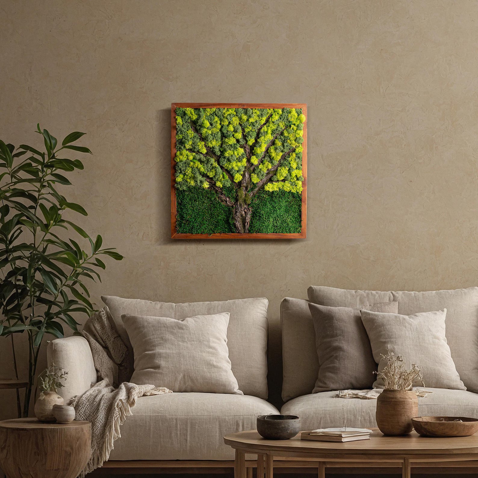 Tree Bark Moss Wall Art – Preserved Stabilized Moss Decor, Rustic Farmhouse Wood Wall Art, Living Room Greenery Decoration