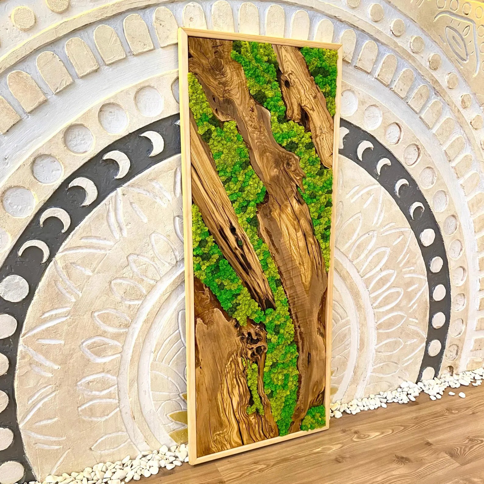 Handcrafted Olive Wood & Moss Wall Art – Preserved Moss Wall Decor & Natural Wall Hanging