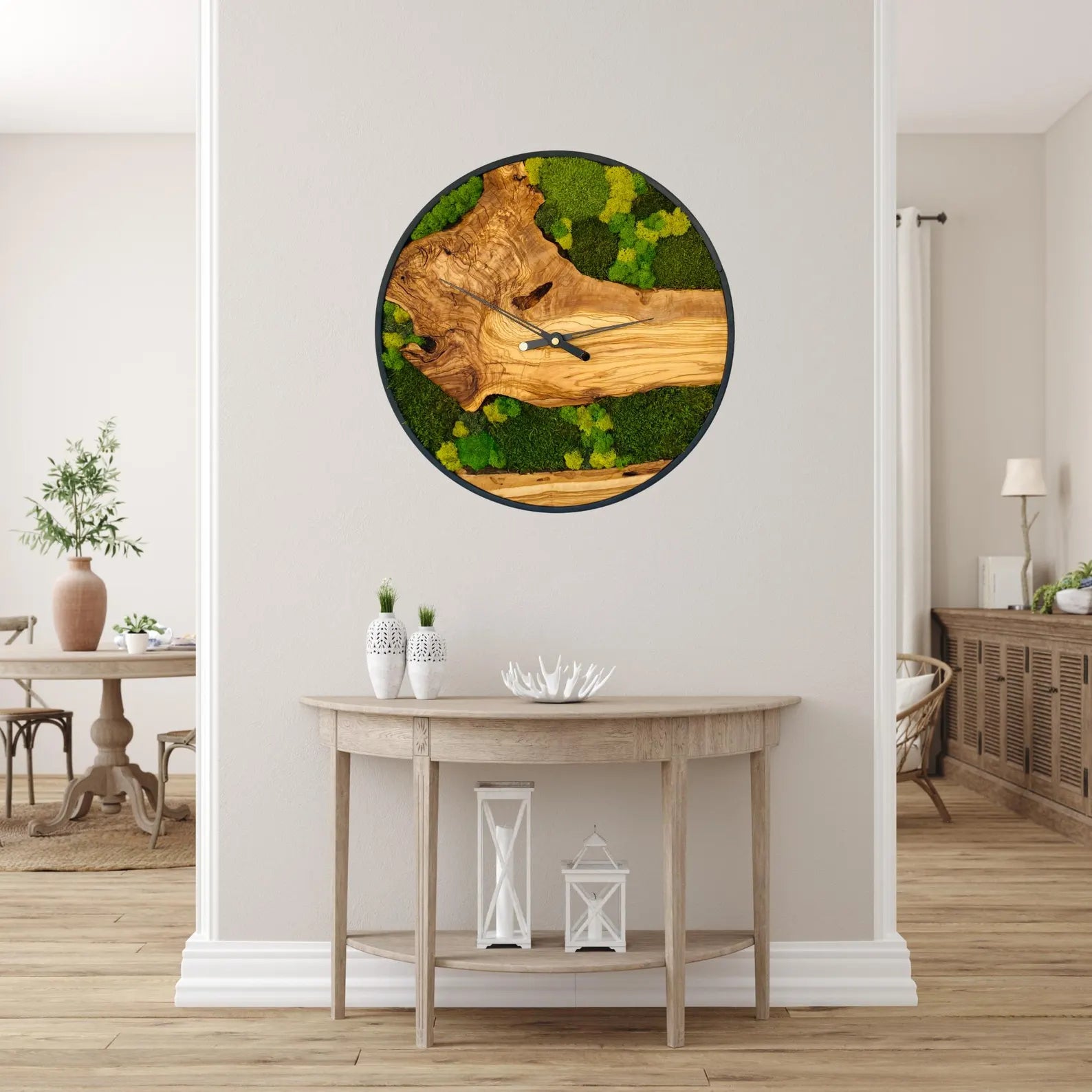 Handmade Olive Wood Moss Wall Clock – Silent Eco-Friendly Home Decor