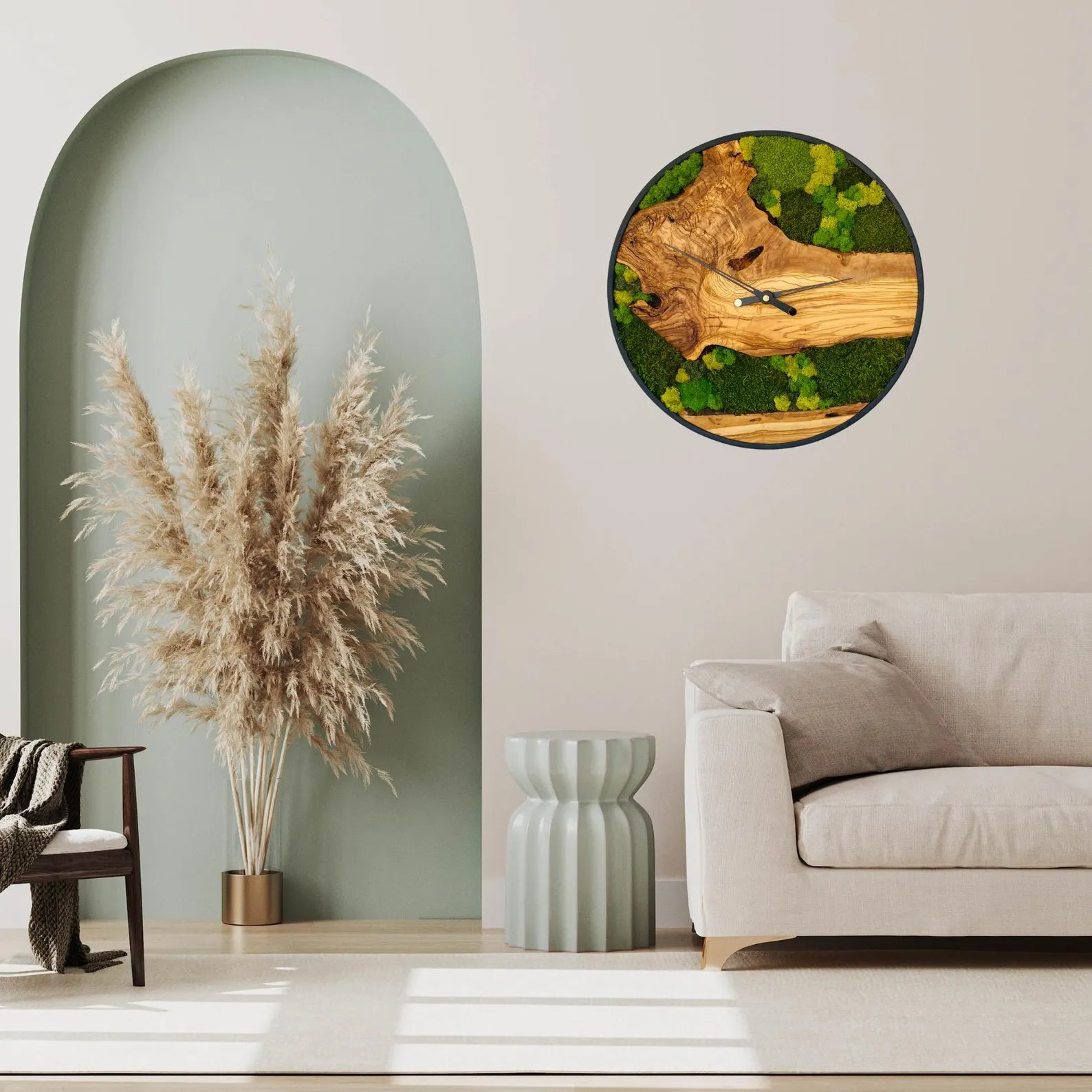 Handmade Olive Wood Moss Wall Clock – Silent Eco-Friendly Home Decor