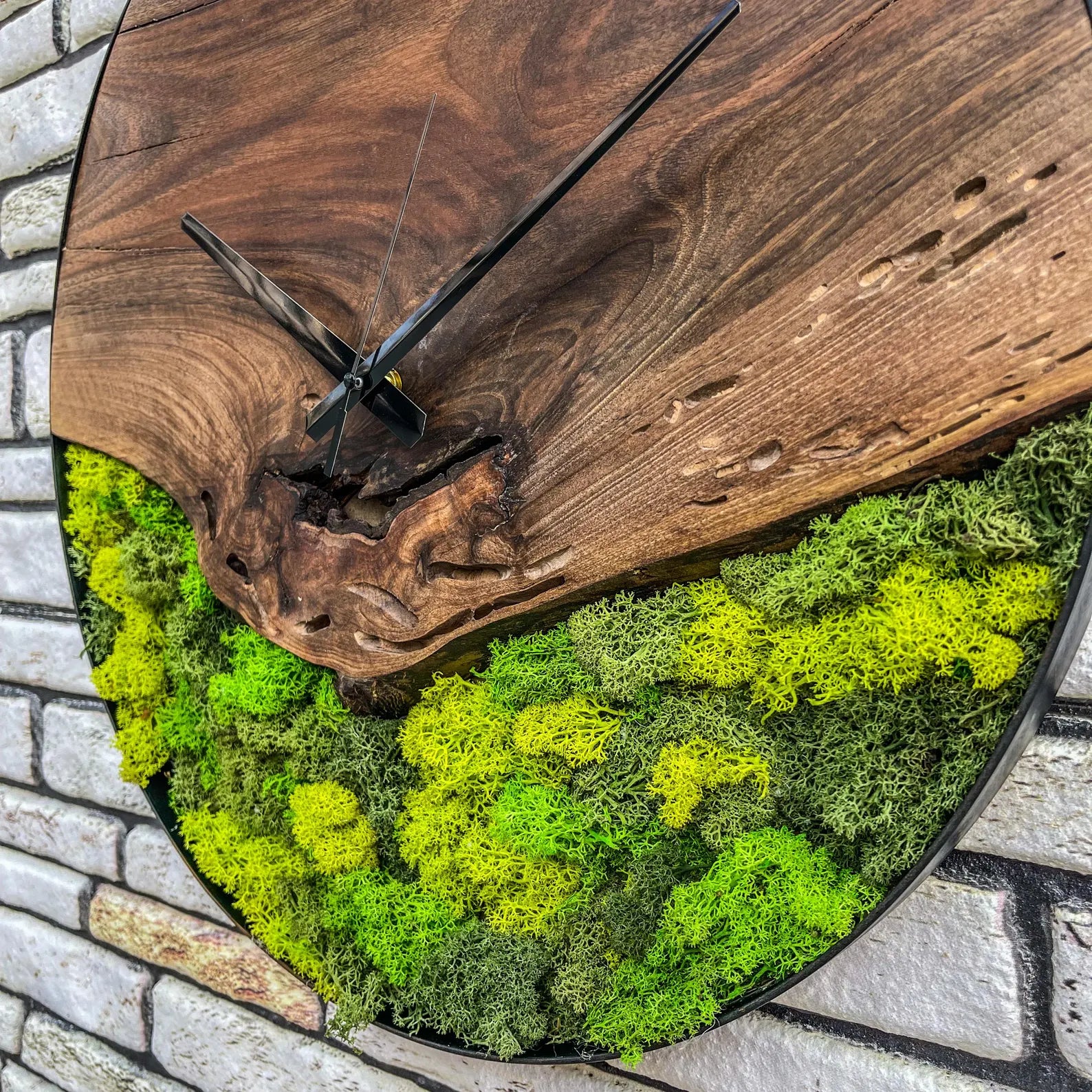 Walnut Moss Wall Clock – Natural Wood & Preserved Green Moss Decor