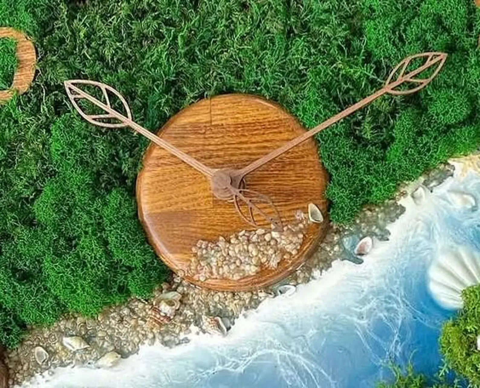 Unique Moss Wall Clock – Preserved Moss & Sky Blue Epoxy Ocean Art