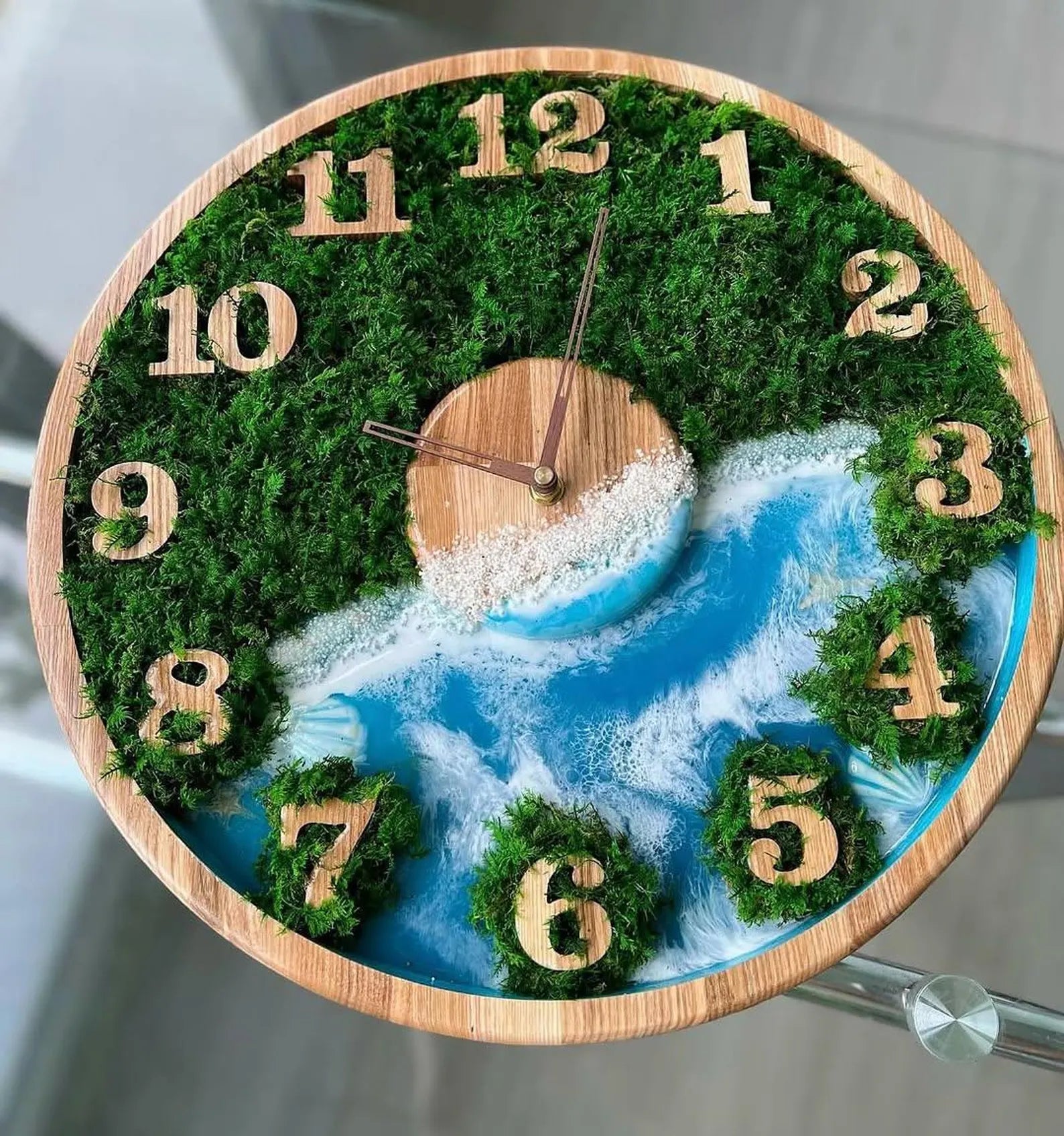 Unique Moss Wall Clock – Preserved Moss & Sky Blue Epoxy Ocean Art