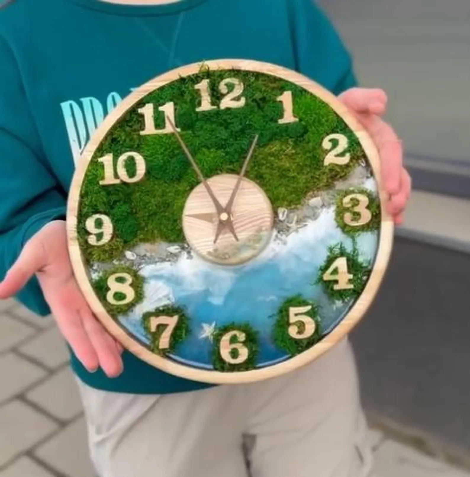Unique Moss Wall Clock – Preserved Moss & Sky Blue Epoxy Ocean Art