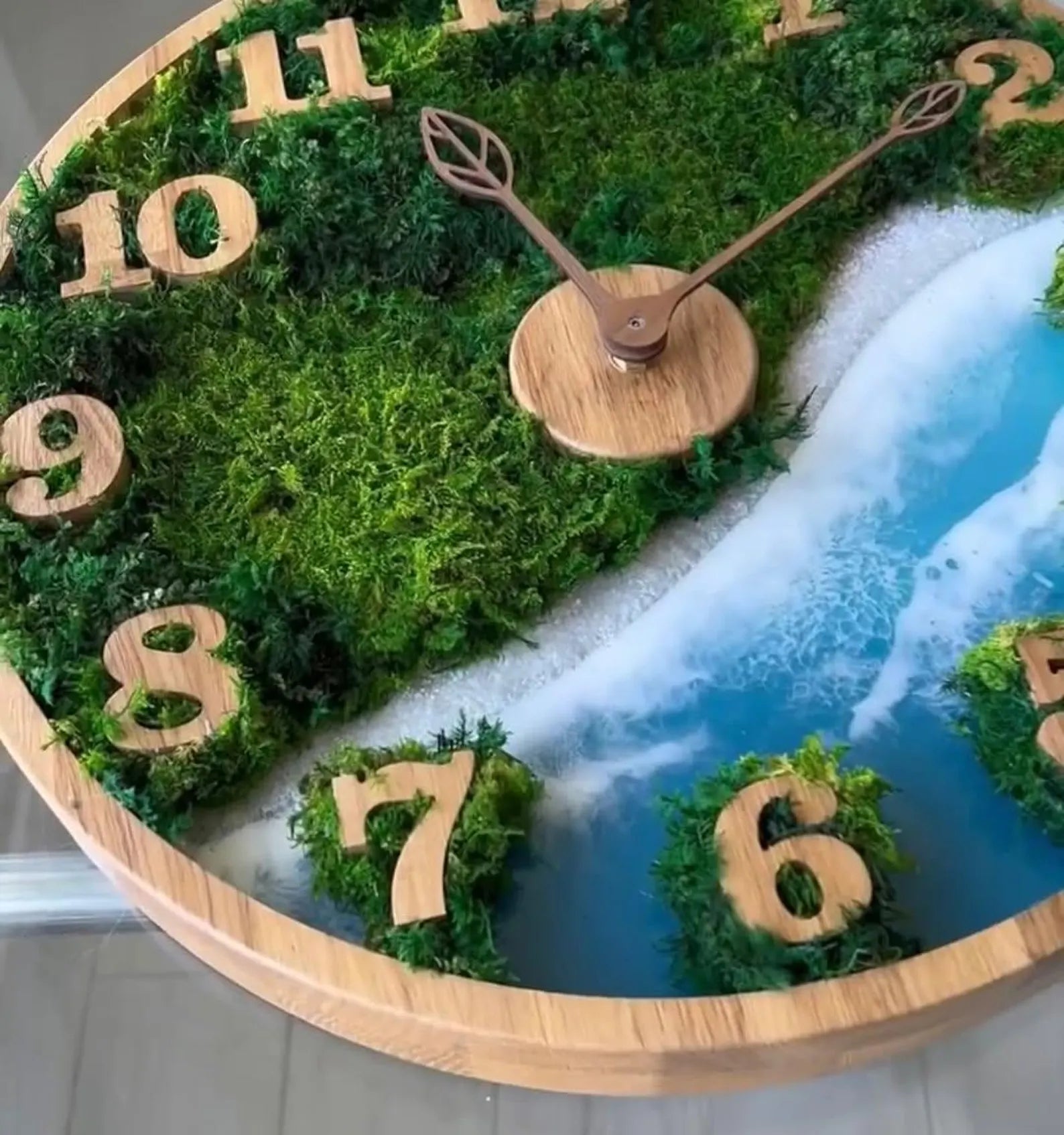 Unique Moss Wall Clock – Preserved Moss & Sky Blue Epoxy Ocean Art