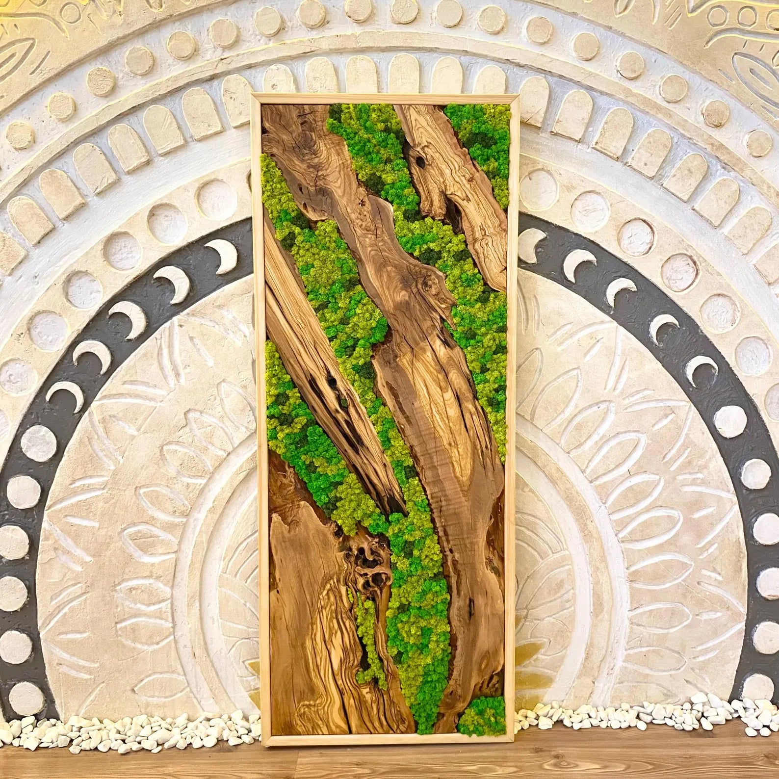 Handcrafted Olive Wood & Moss Wall Art – Preserved Moss Wall Decor & Natural Wall Hanging
