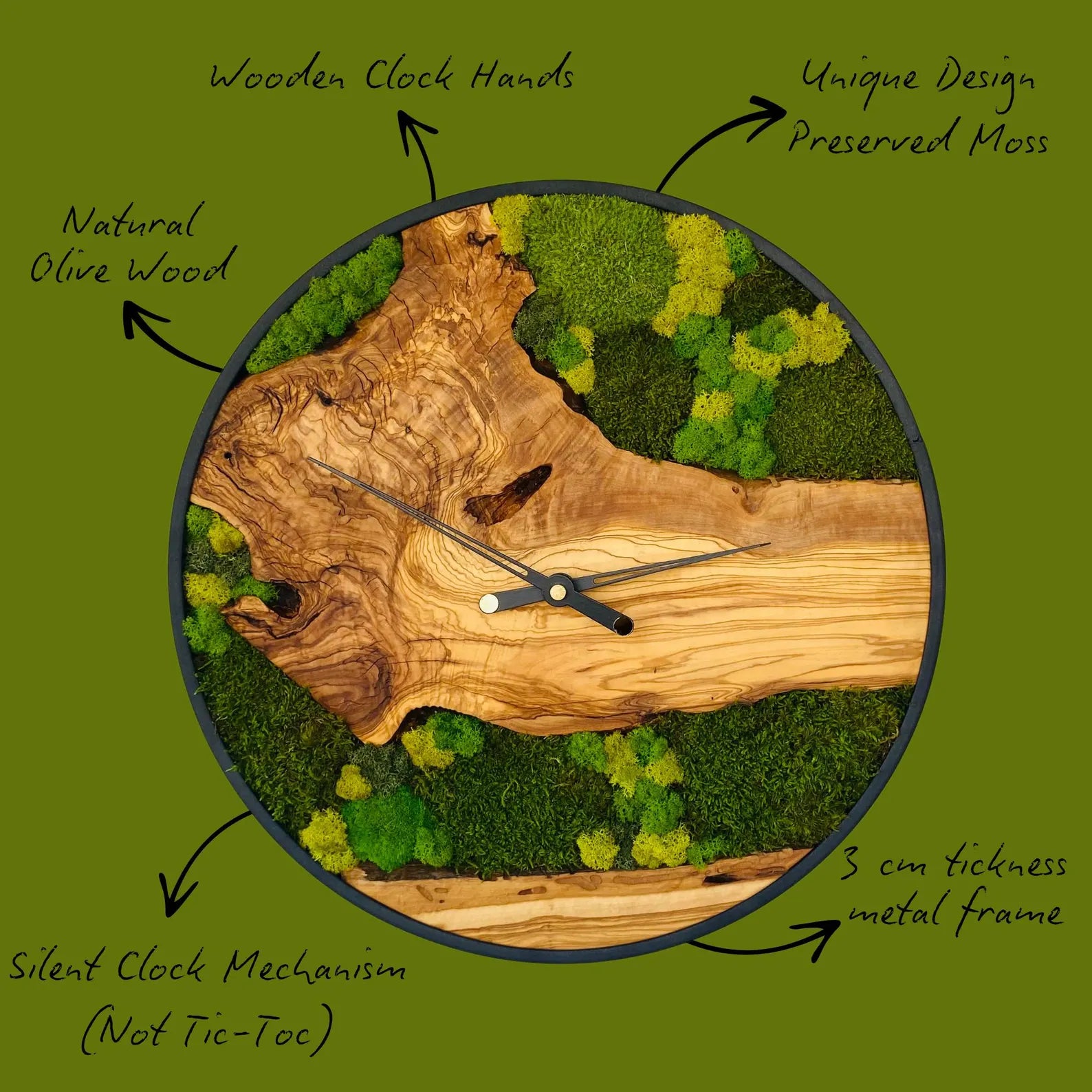 Handmade Olive Wood Moss Wall Clock – Silent Eco-Friendly Home Decor
