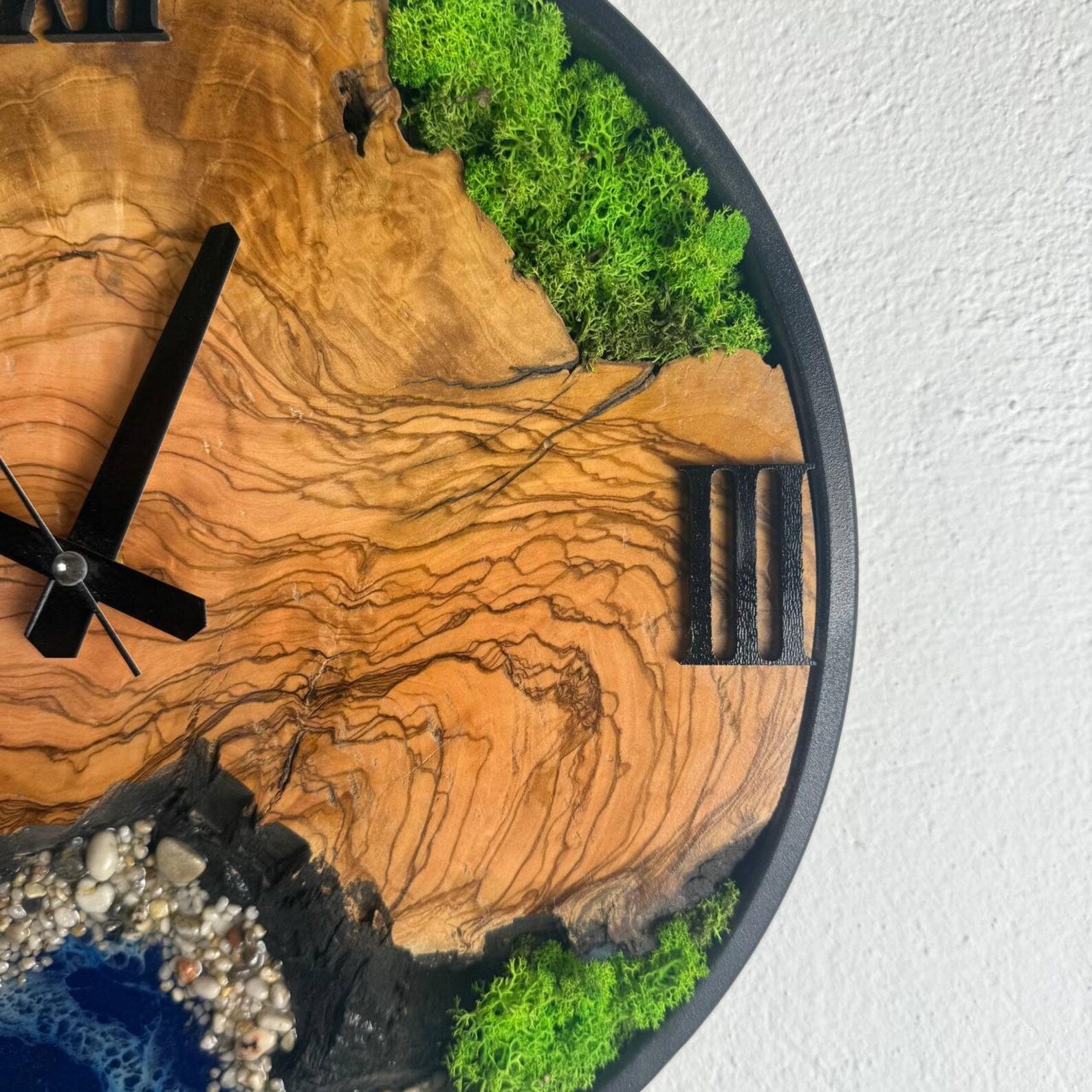 Epoxy Resin Moss Wall Clock – Sea Wave Olive Tree Design, Large Metal Frame Decor