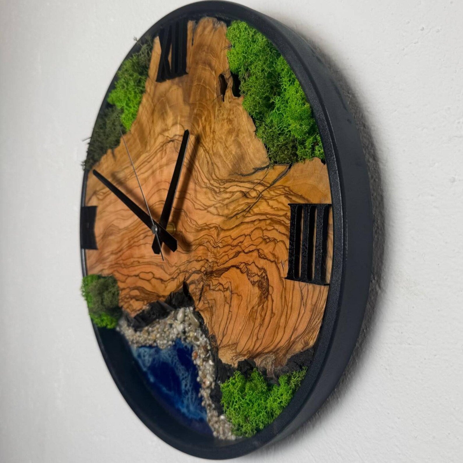 Epoxy Resin Moss Wall Clock – Sea Wave Olive Tree Design, Large Metal Frame Decor