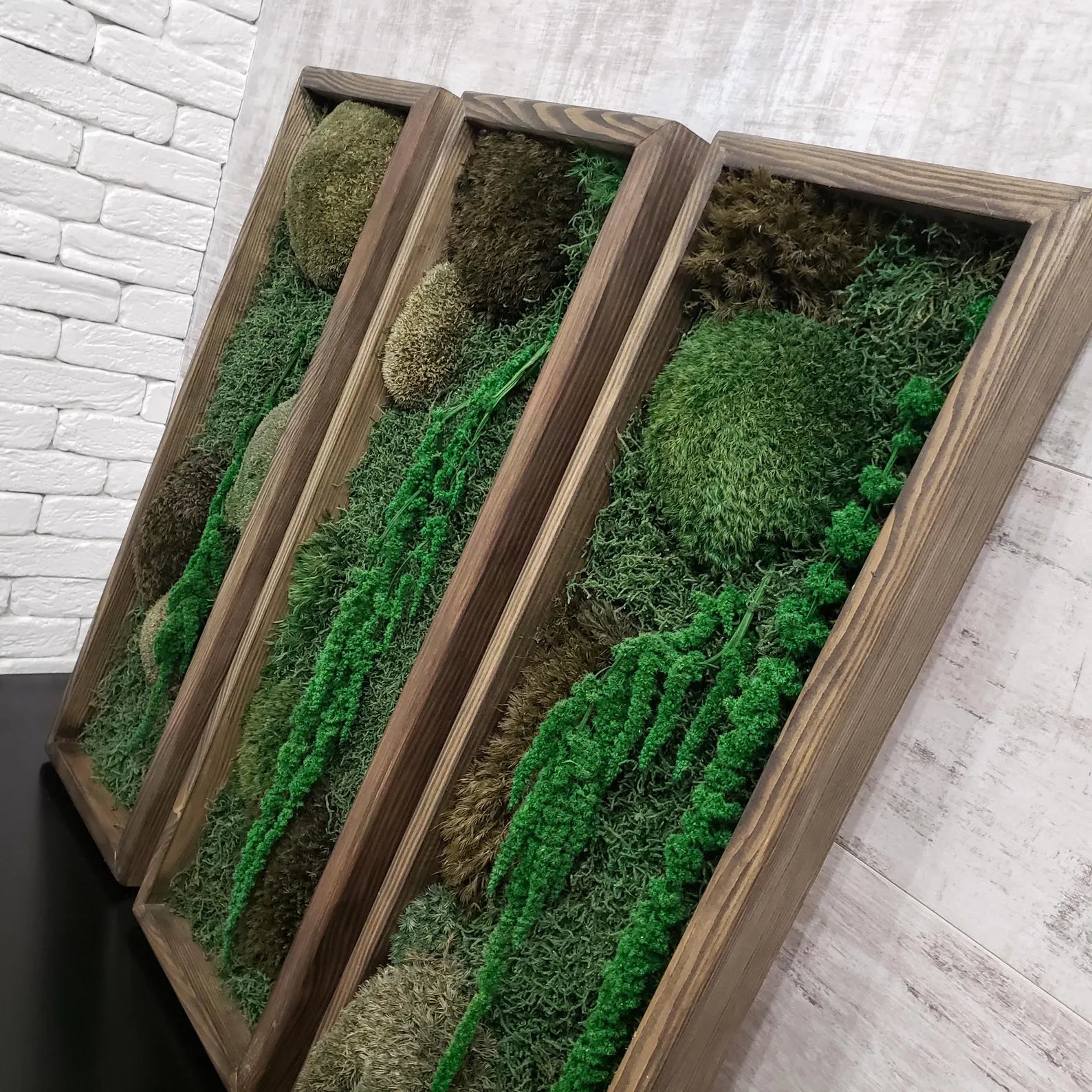Large Moss Botanical Triptych – Handmade Wall Panel Nature Composition Eco Decor