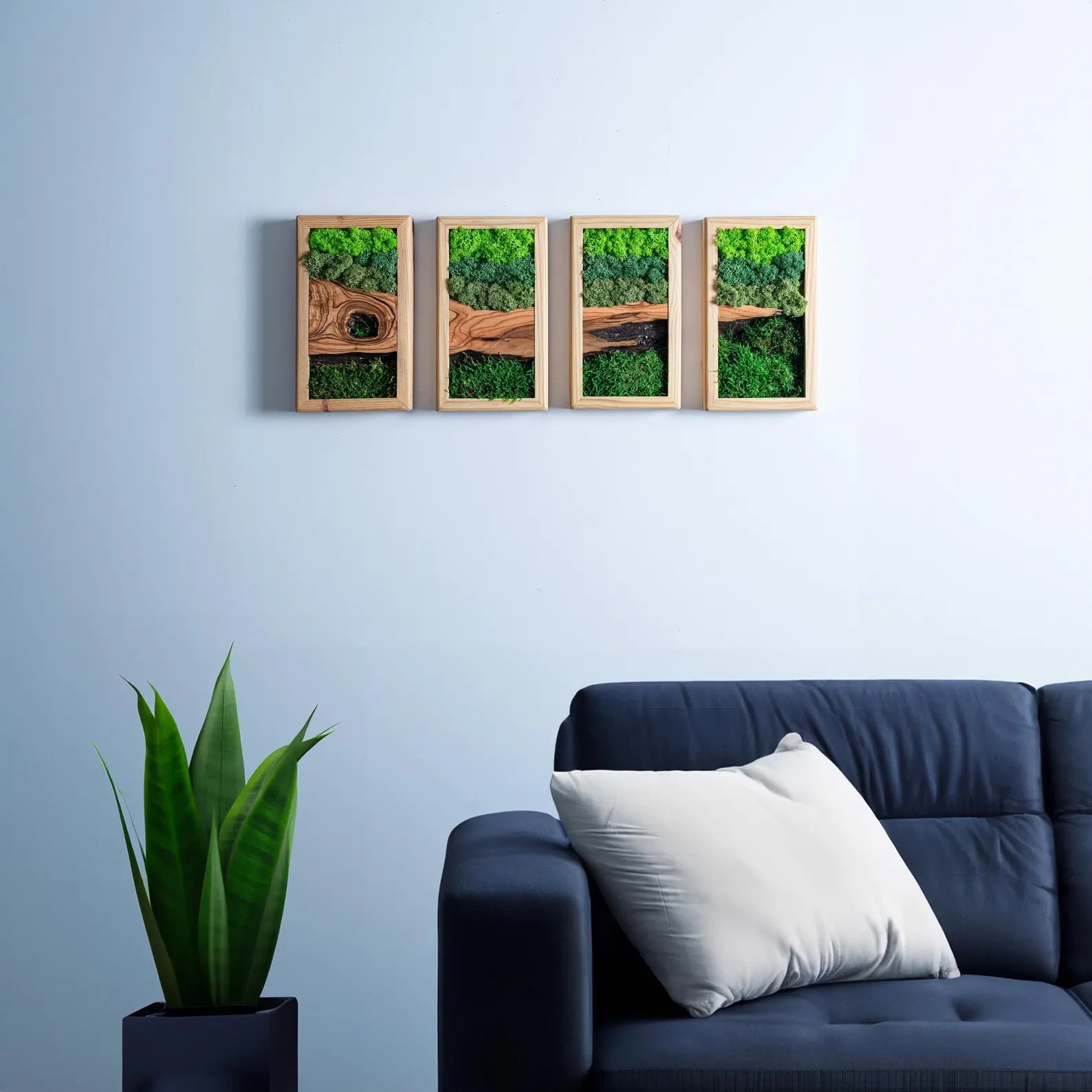 Preserved Moss and Olive Wood Wall Art – Rustic Wooden Frame Decor, Unique Gift