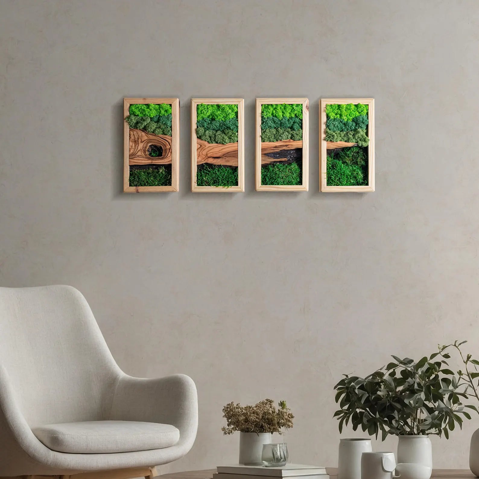 Preserved Moss and Olive Wood Wall Art – Rustic Wooden Frame Decor, Unique Gift
