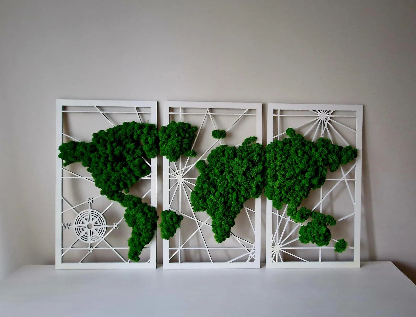 Triptych Moss World Map – 3 Panel Preserved Reindeer Moss Wall Art