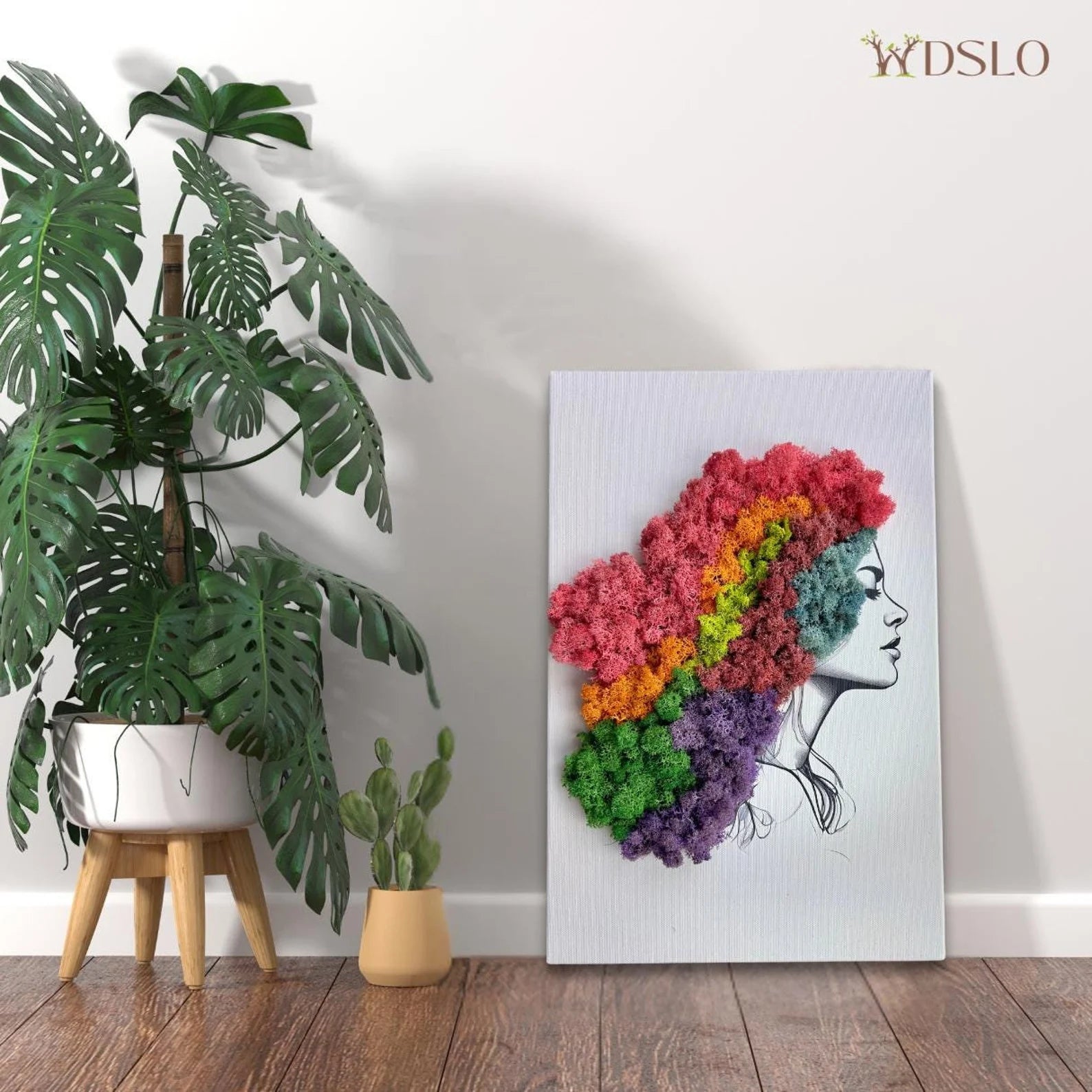 Unique Girl Face Moss Wall Art – Handmade Preserved Reindeer Moss Canvas Decor