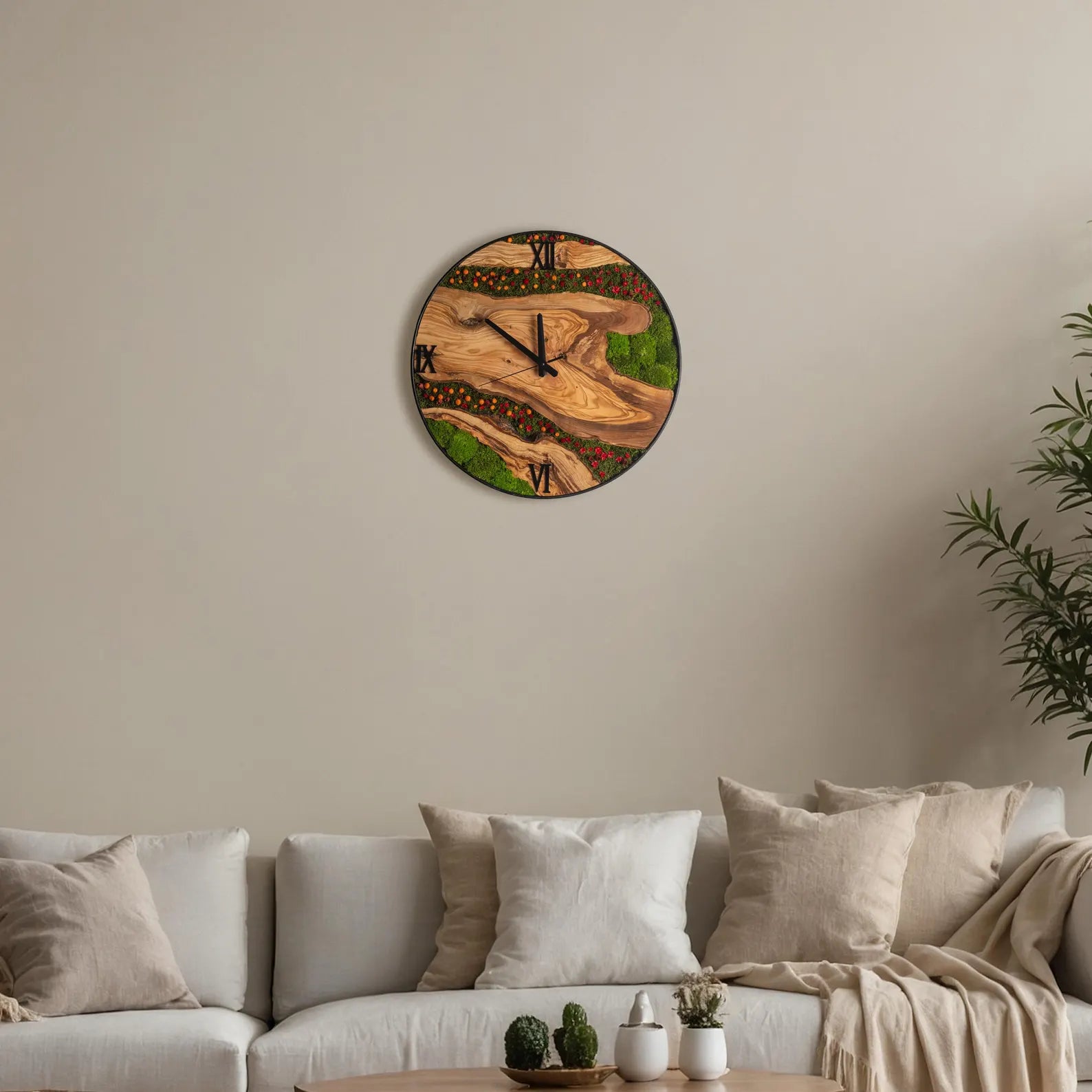 Moss Olive Wood Wall Clock – Preserved Moss Clock with Metal Frame | Unique Moss Wall Art & Housewarming Gift