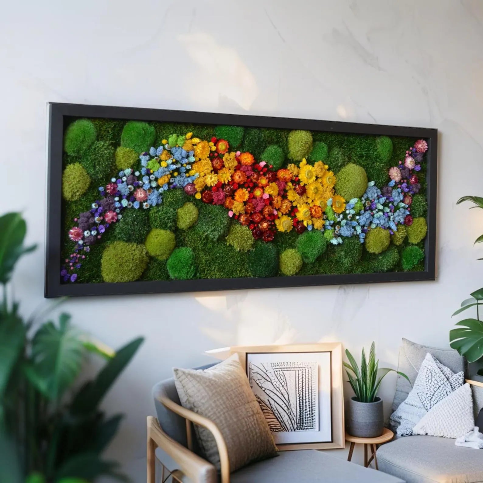 Multi-Toned Floral Moss Wall Art – Preserved Moss & Dried Flower Frame Décor