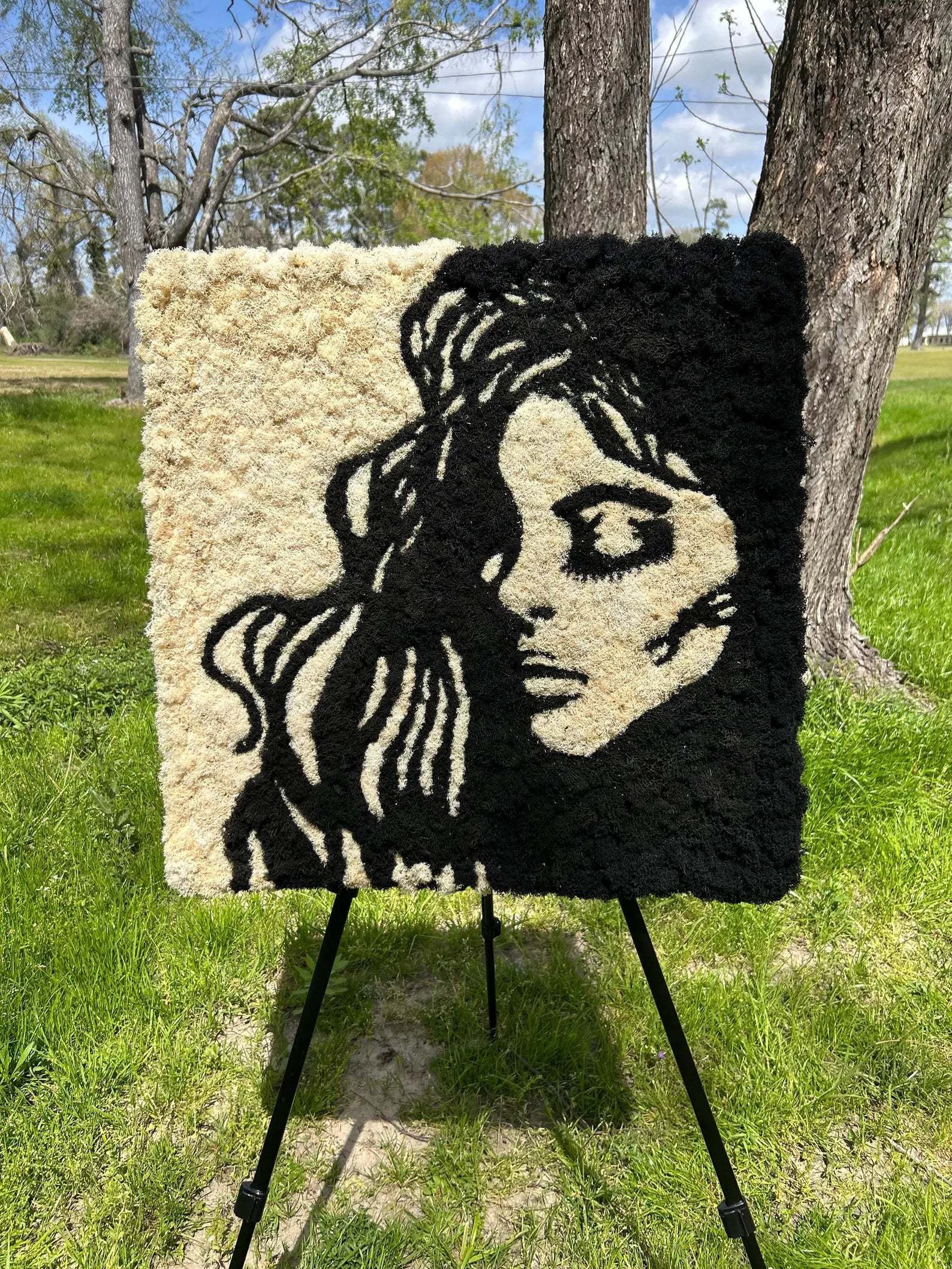 Reindeer Moss Wall Art – Woman’s Profile in Black & Beige, Handmade Nature Decor