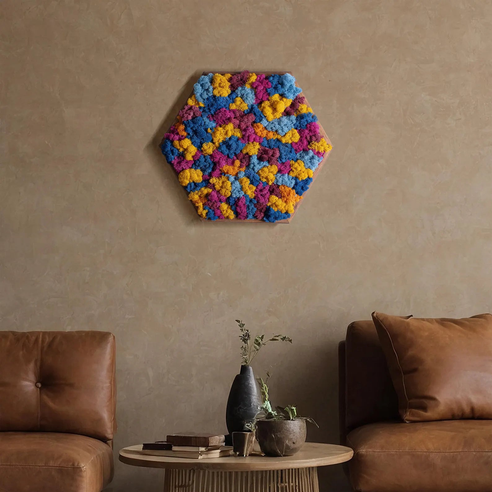 Honeycomb Moss Wall Art – Preserved Colorful Moss in Wooden Hexagon Frame
