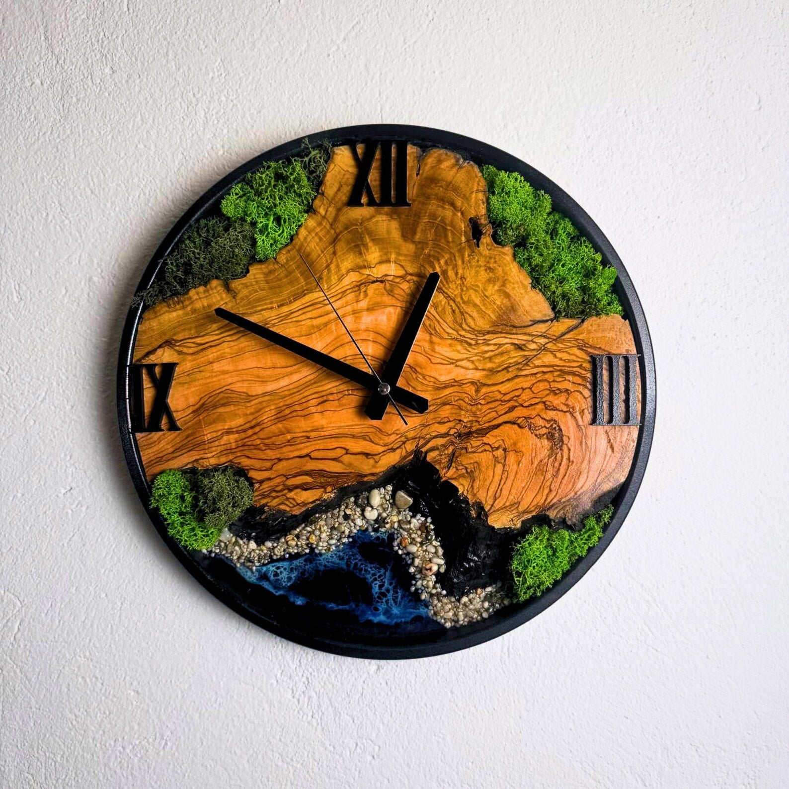 Epoxy Resin Moss Wall Clock – Sea Wave Olive Tree Design, Large Metal Frame Decor