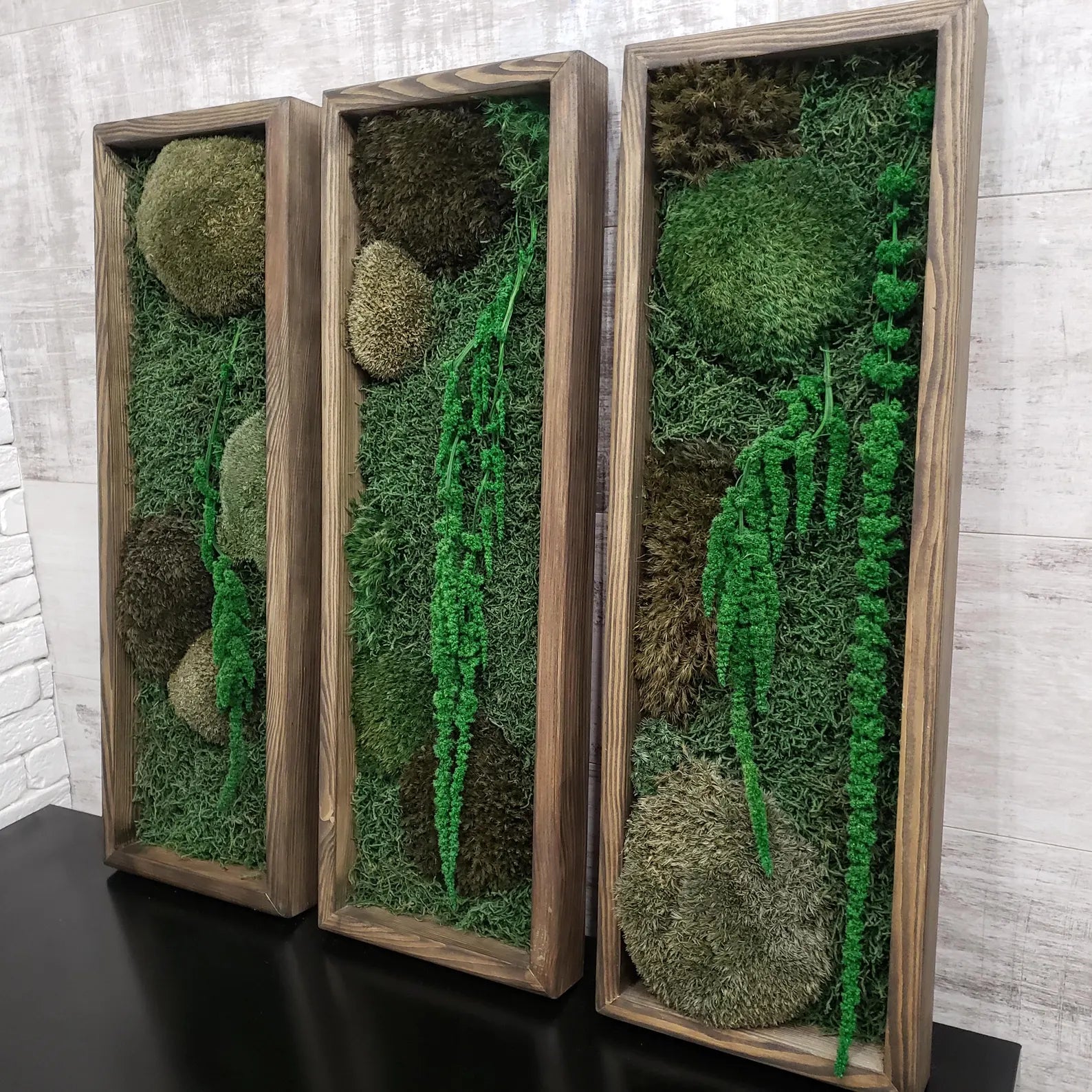 Large Moss Botanical Triptych – Handmade Wall Panel Nature Composition Eco Decor