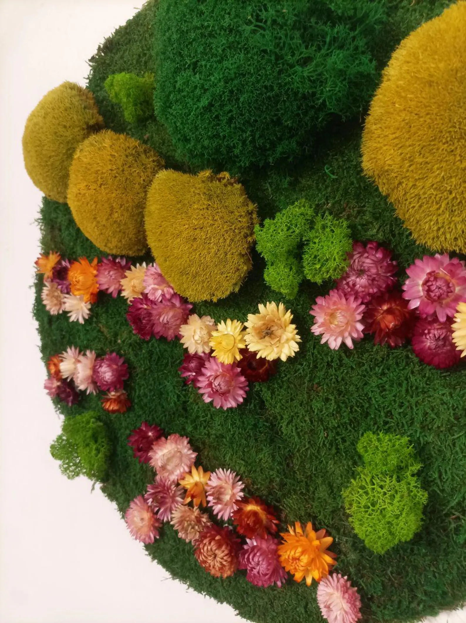 Round Moss Wall Art with Dried Flowers & Wood – Handmade Eco-Friendly Home Decor