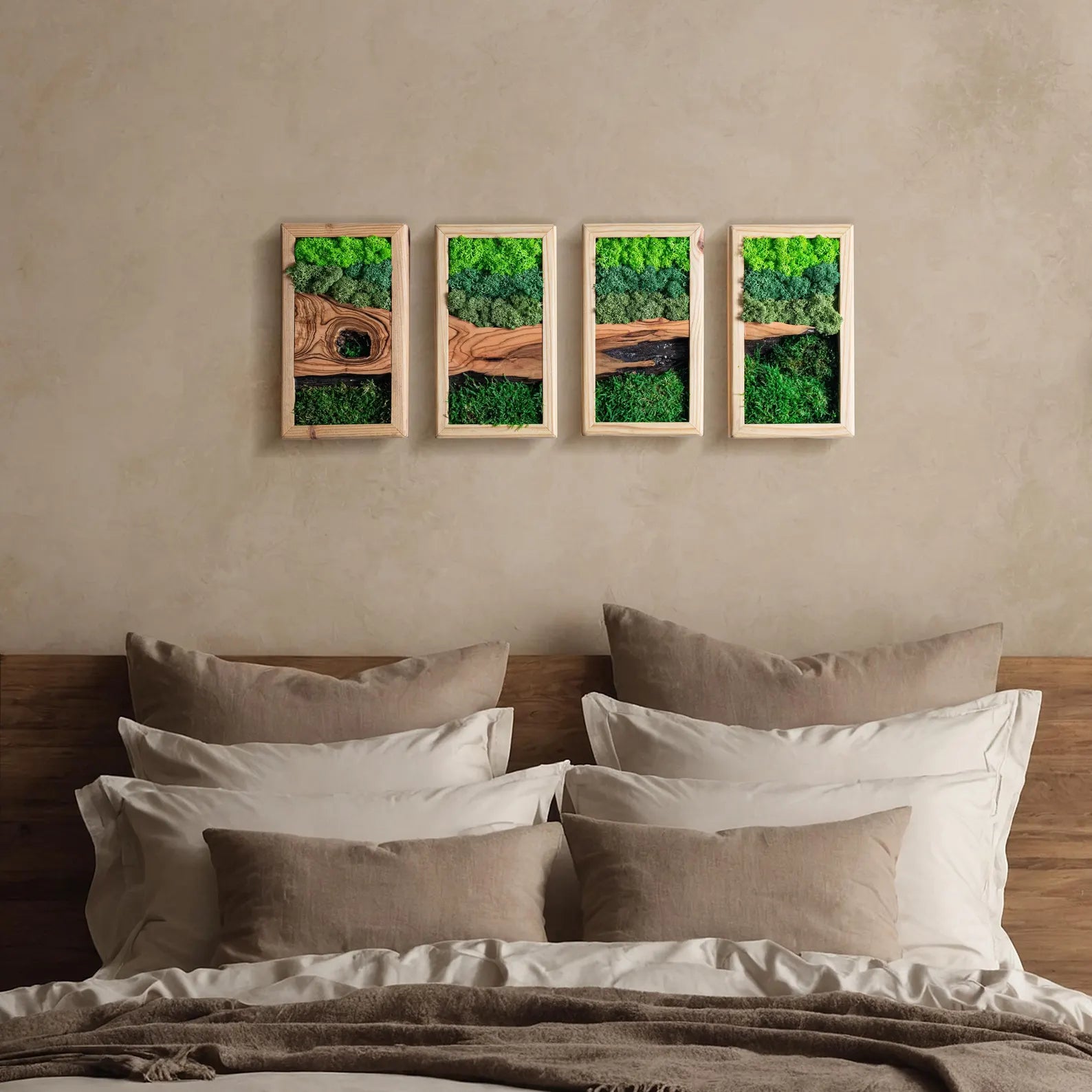 Preserved Moss and Olive Wood Wall Art – Rustic Wooden Frame Decor, Unique Gift