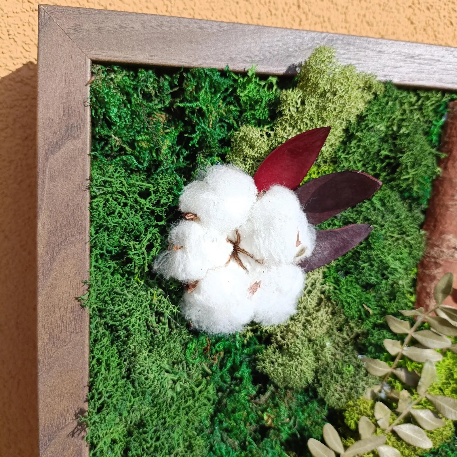 Preserved Moss Wall Art – Cotton Flowers, Cinnamon & Bark Natural Decor